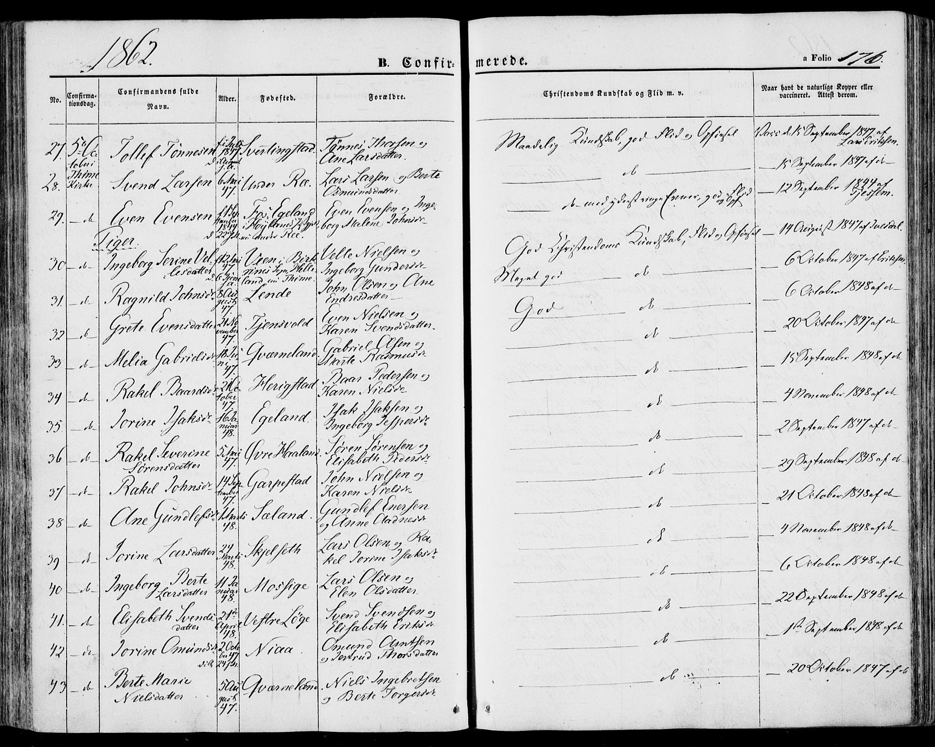 Lye sokneprestkontor, AV/SAST-A-101794/001/30BA/L0007: Parish register (official) no. A 6, 1856-1871, p. 176