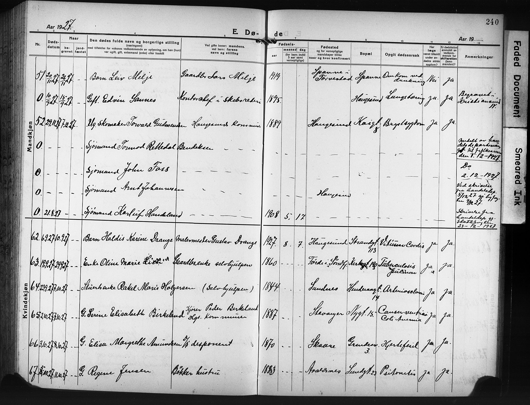 Haugesund sokneprestkontor, AV/SAST-A -101863/H/Ha/Hab/L0010: Parish register (copy) no. B 10, 1920-1931, p. 240