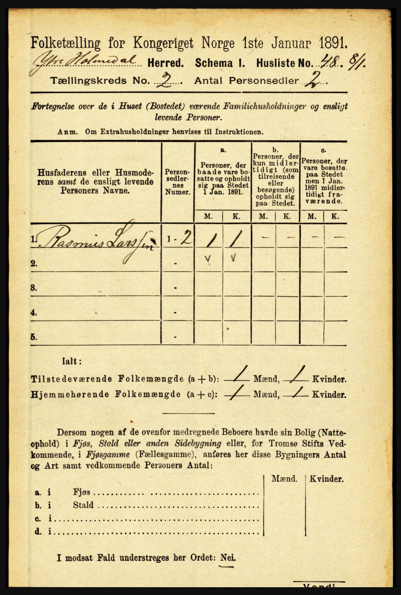 RA, 1891 census for 1429 Ytre Holmedal, 1891, p. 298