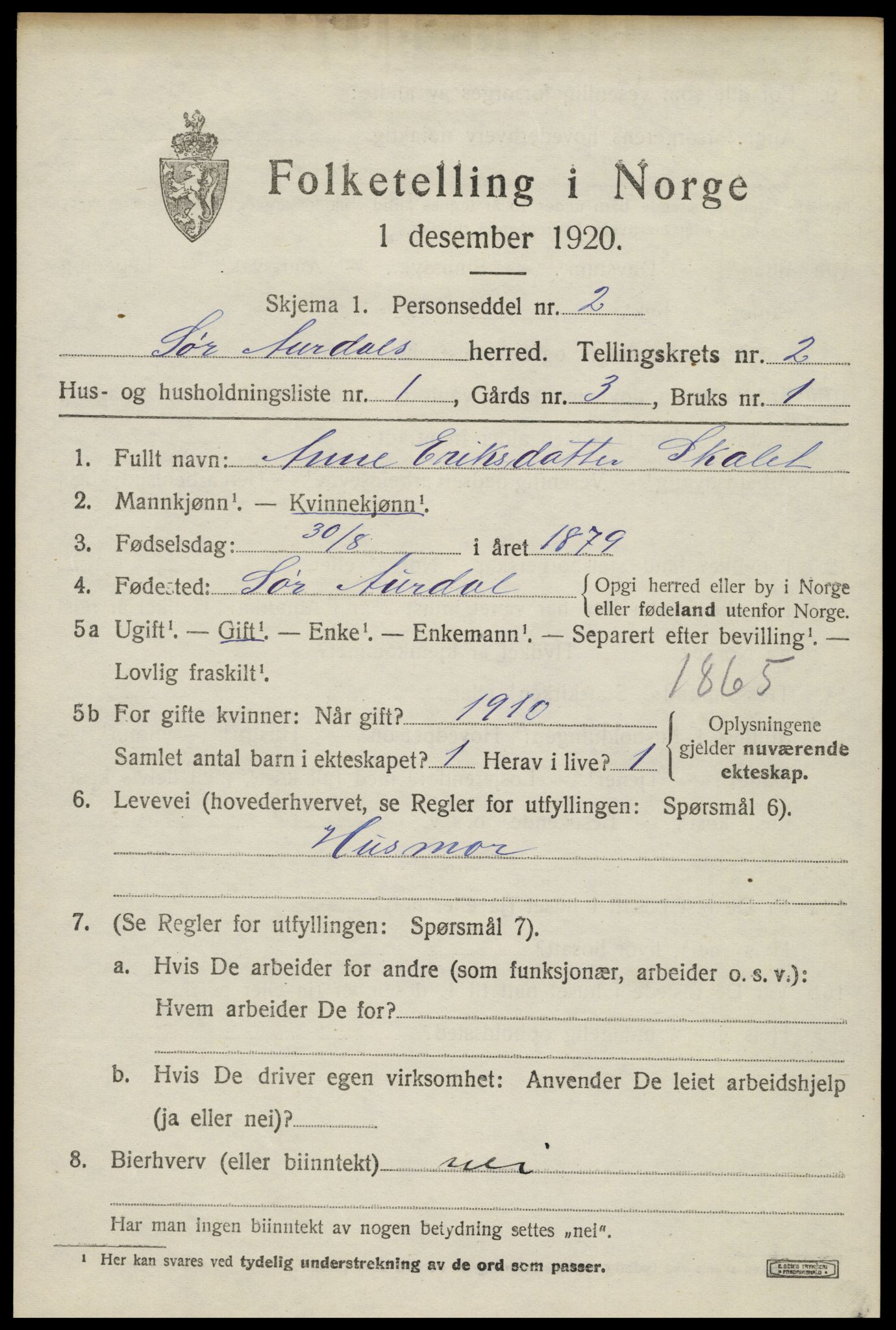 SAH, 1920 census for Sør-Aurdal, 1920, p. 1705