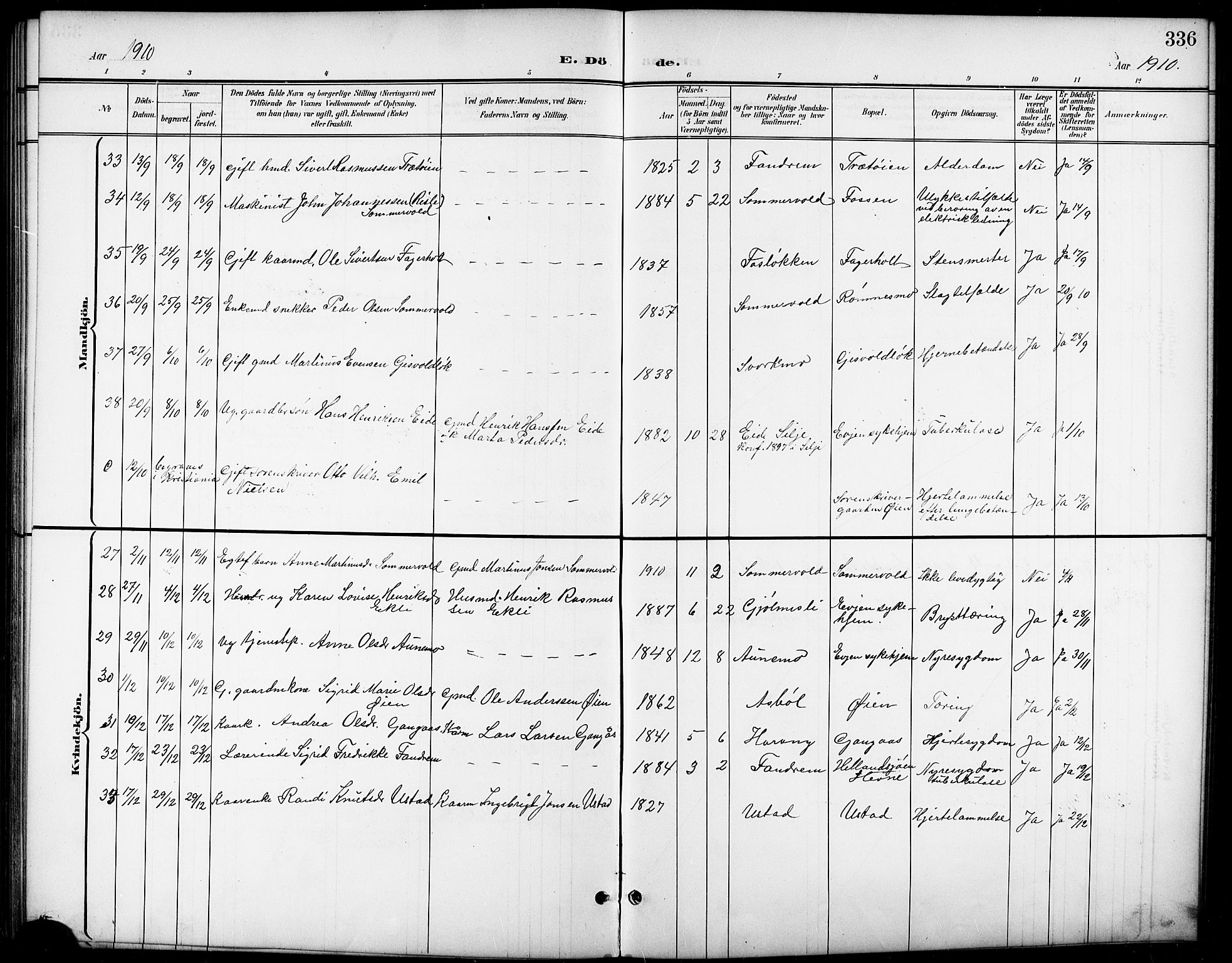 Ministerialprotokoller, klokkerbøker og fødselsregistre - Sør-Trøndelag, AV/SAT-A-1456/668/L0819: Parish register (copy) no. 668C08, 1899-1912, p. 336