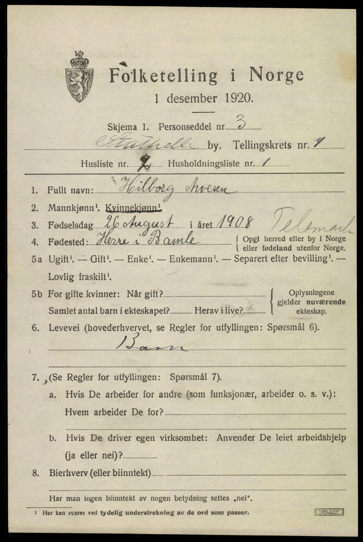 SAKO, 1920 census for Stathelle, 1920, p. 555
