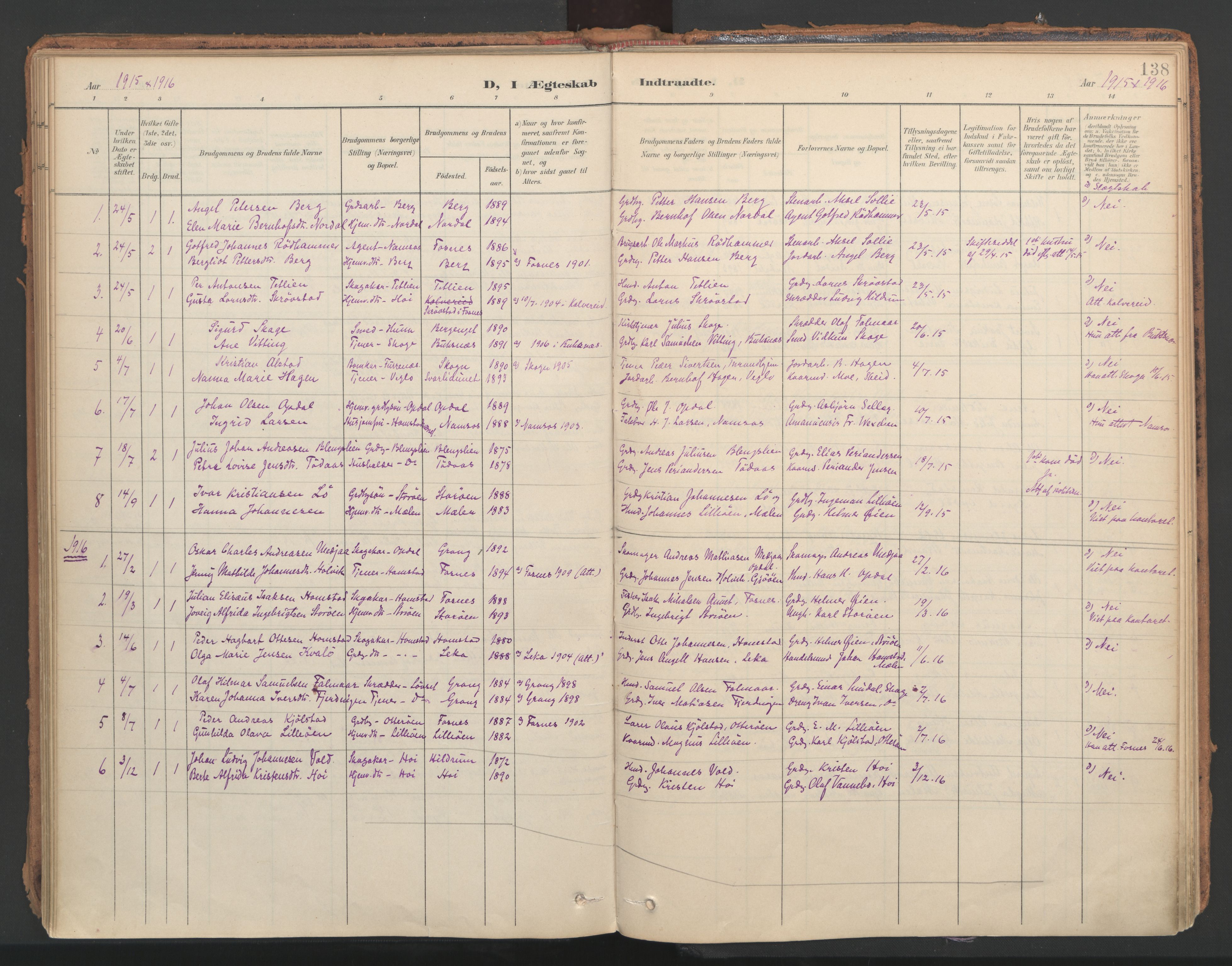 Ministerialprotokoller, klokkerbøker og fødselsregistre - Nord-Trøndelag, SAT/A-1458/766/L0564: Parish register (official) no. 767A02, 1900-1932, p. 138