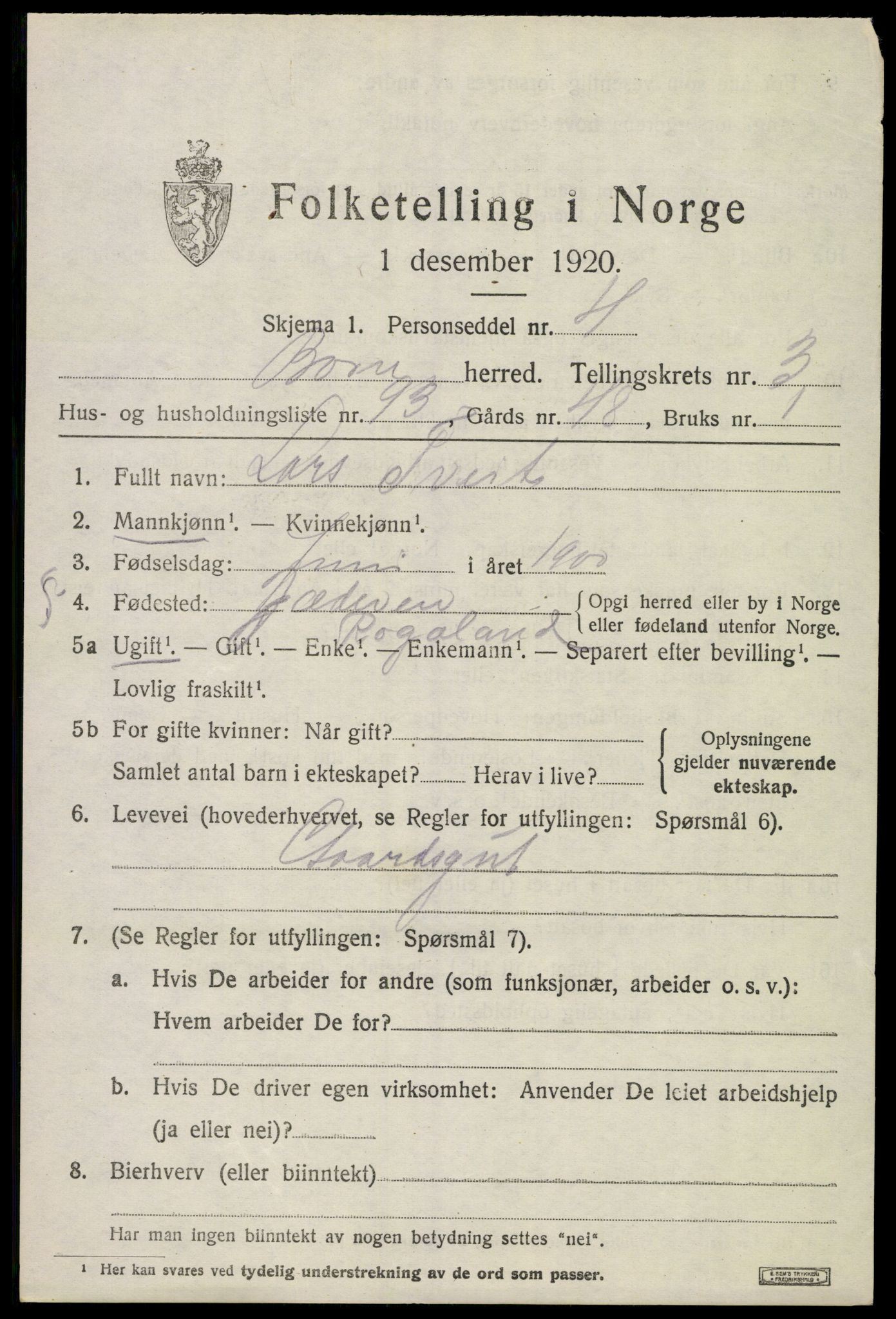 SAKO, 1920 census for Borre, 1920, p. 7130