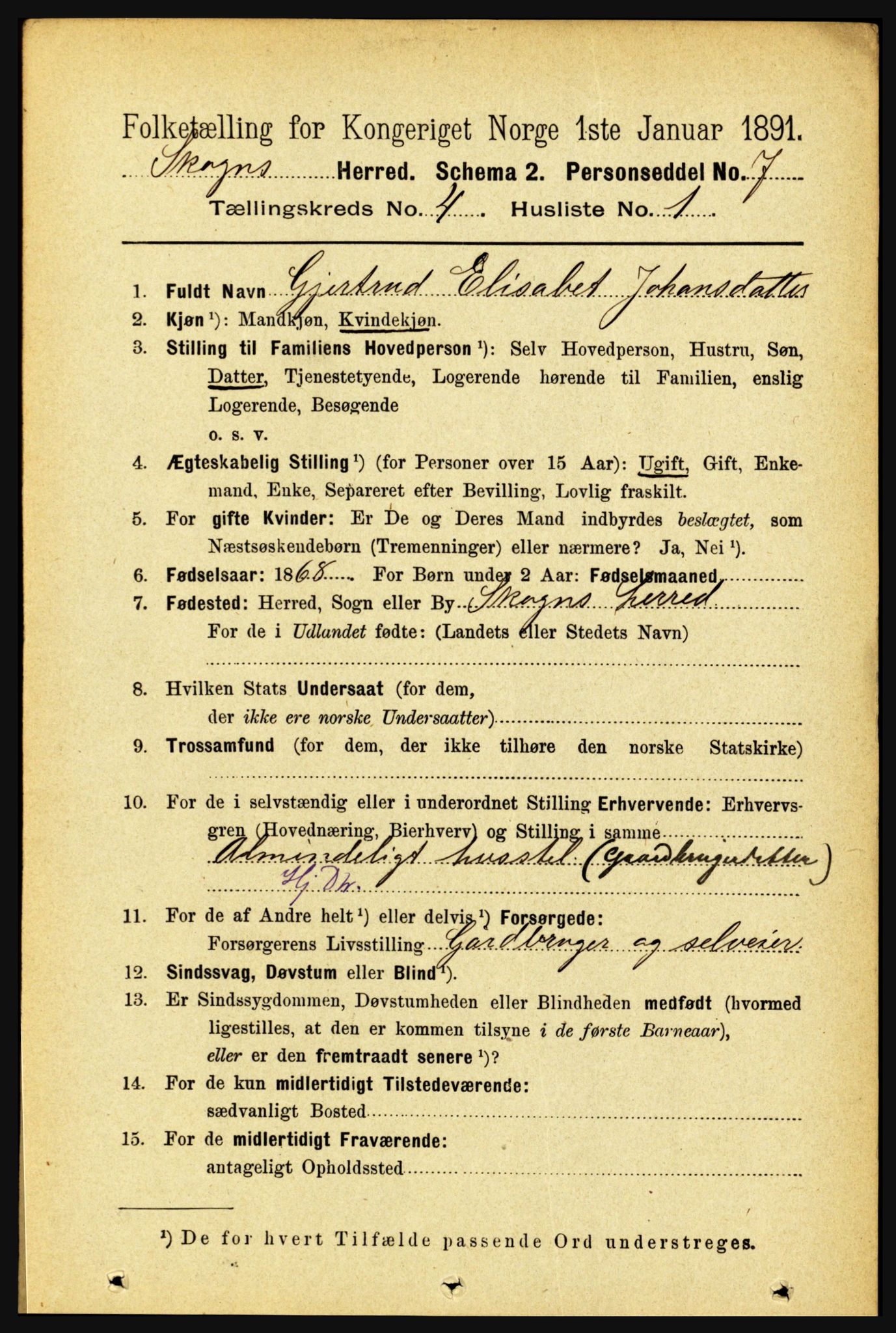 RA, 1891 census for 1719 Skogn, 1891, p. 2365