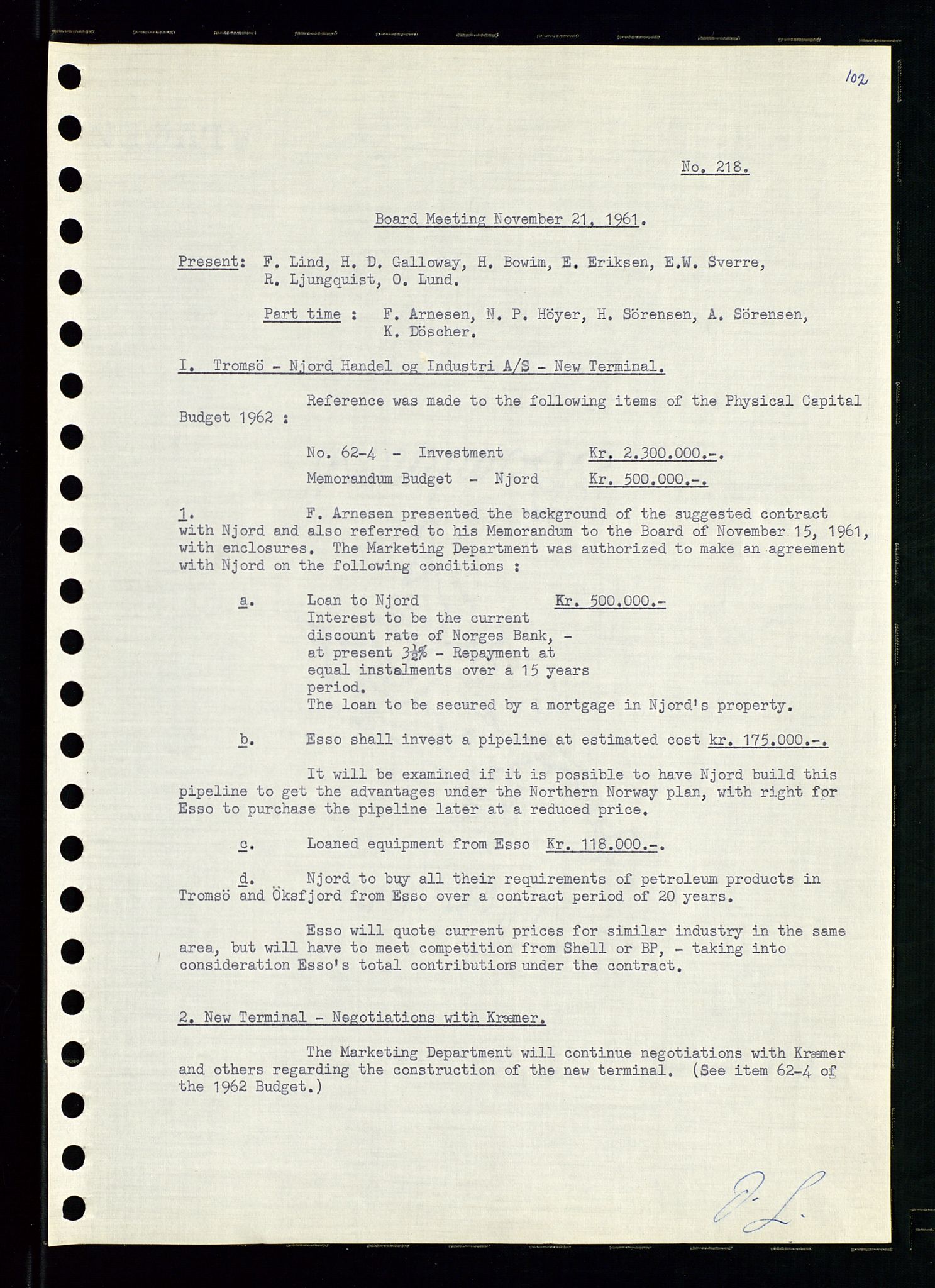 Pa 0982 - Esso Norge A/S, AV/SAST-A-100448/A/Aa/L0001/0002: Den administrerende direksjon Board minutes (styrereferater) / Den administrerende direksjon Board minutes (styrereferater), 1960-1961, p. 151