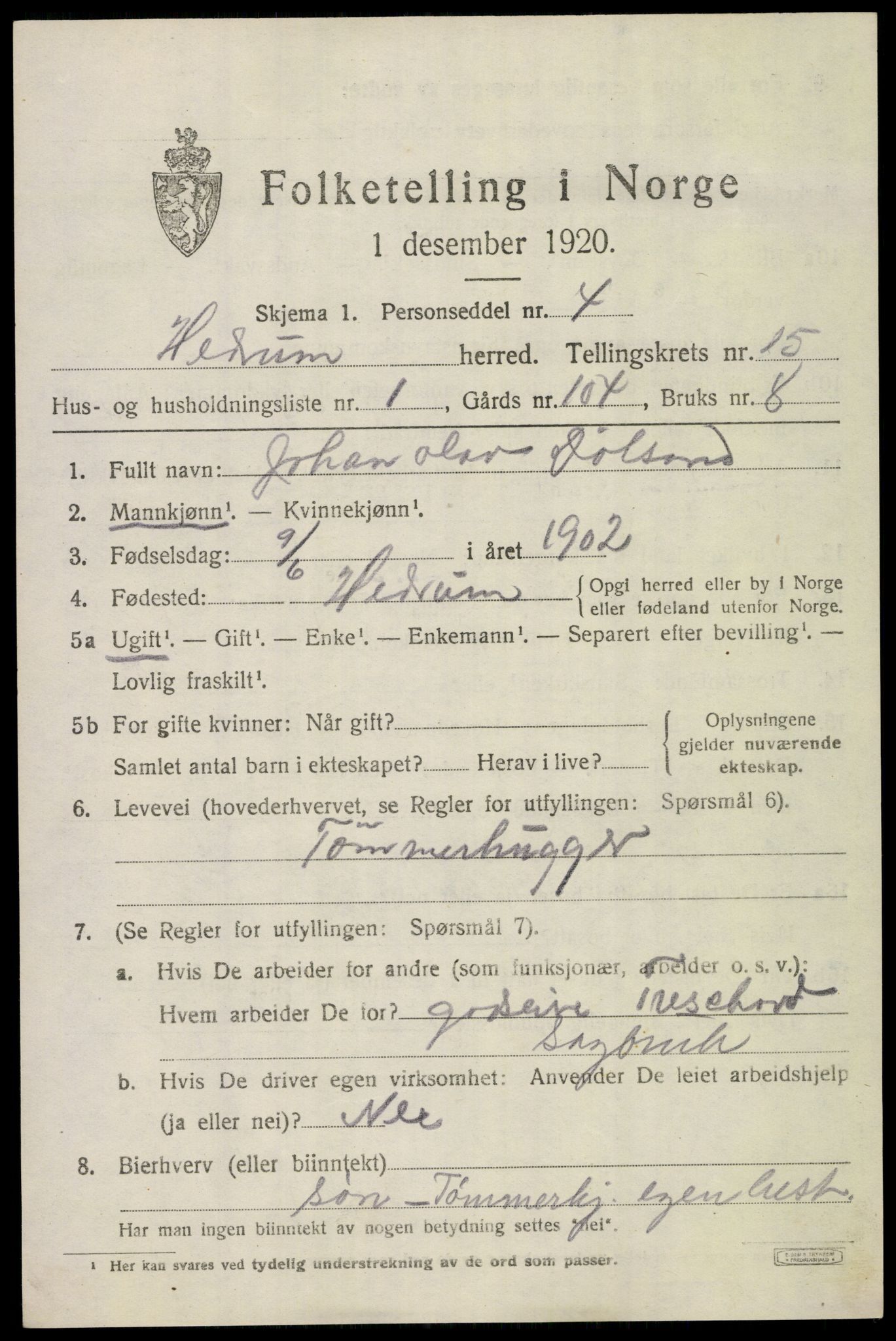 SAKO, 1920 census for Hedrum, 1920, p. 9889