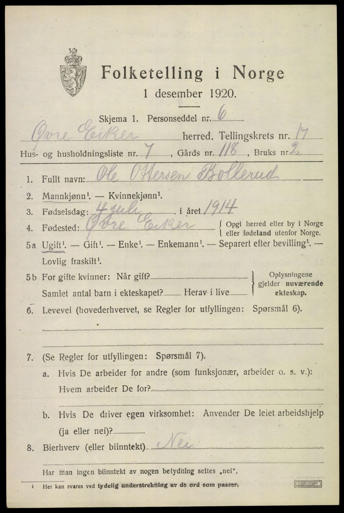 SAKO, 1920 census for Øvre Eiker, 1920, p. 21416