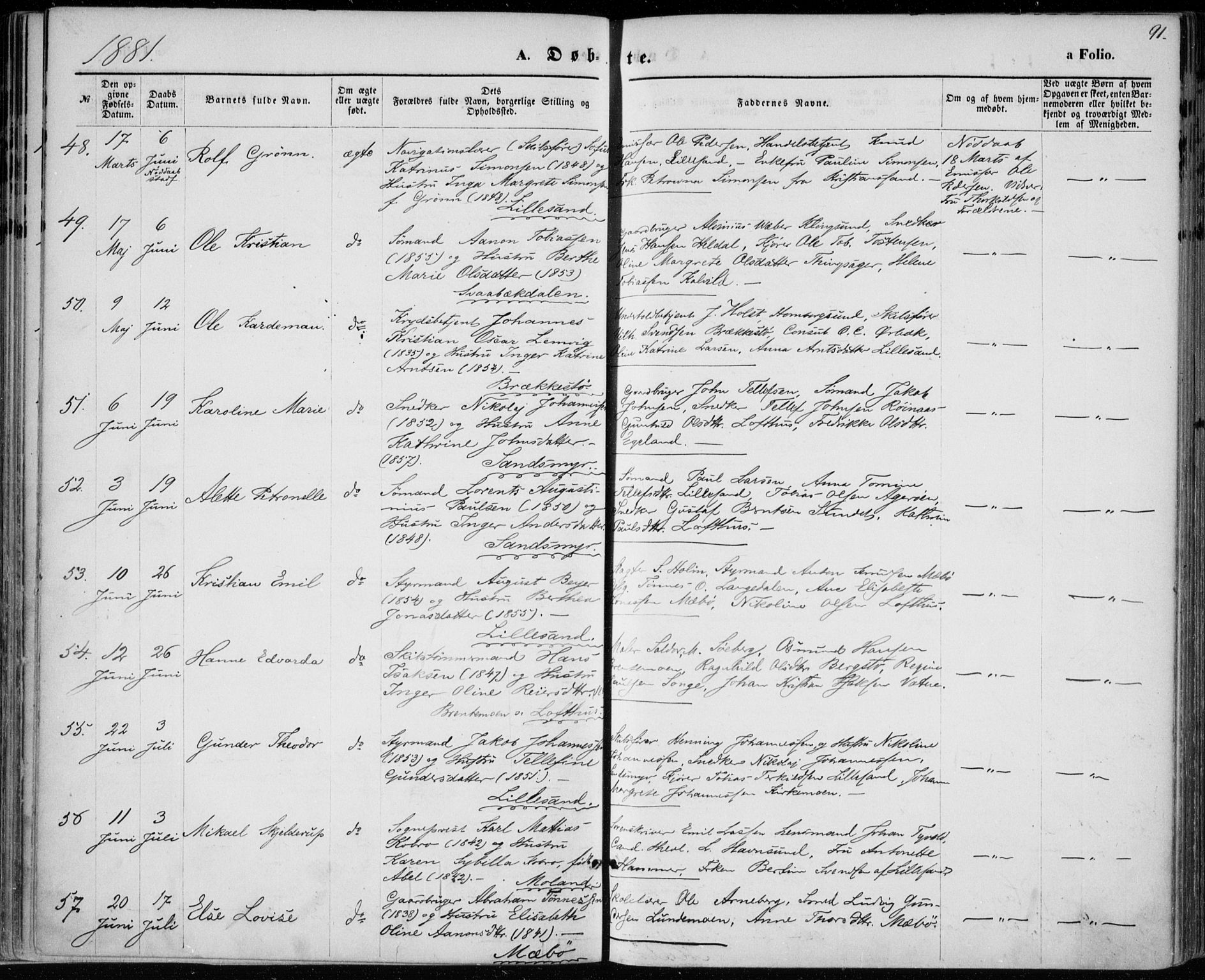 Vestre Moland sokneprestkontor, SAK/1111-0046/F/Fa/Fab/L0008: Parish register (official) no. A 8, 1873-1883, p. 91
