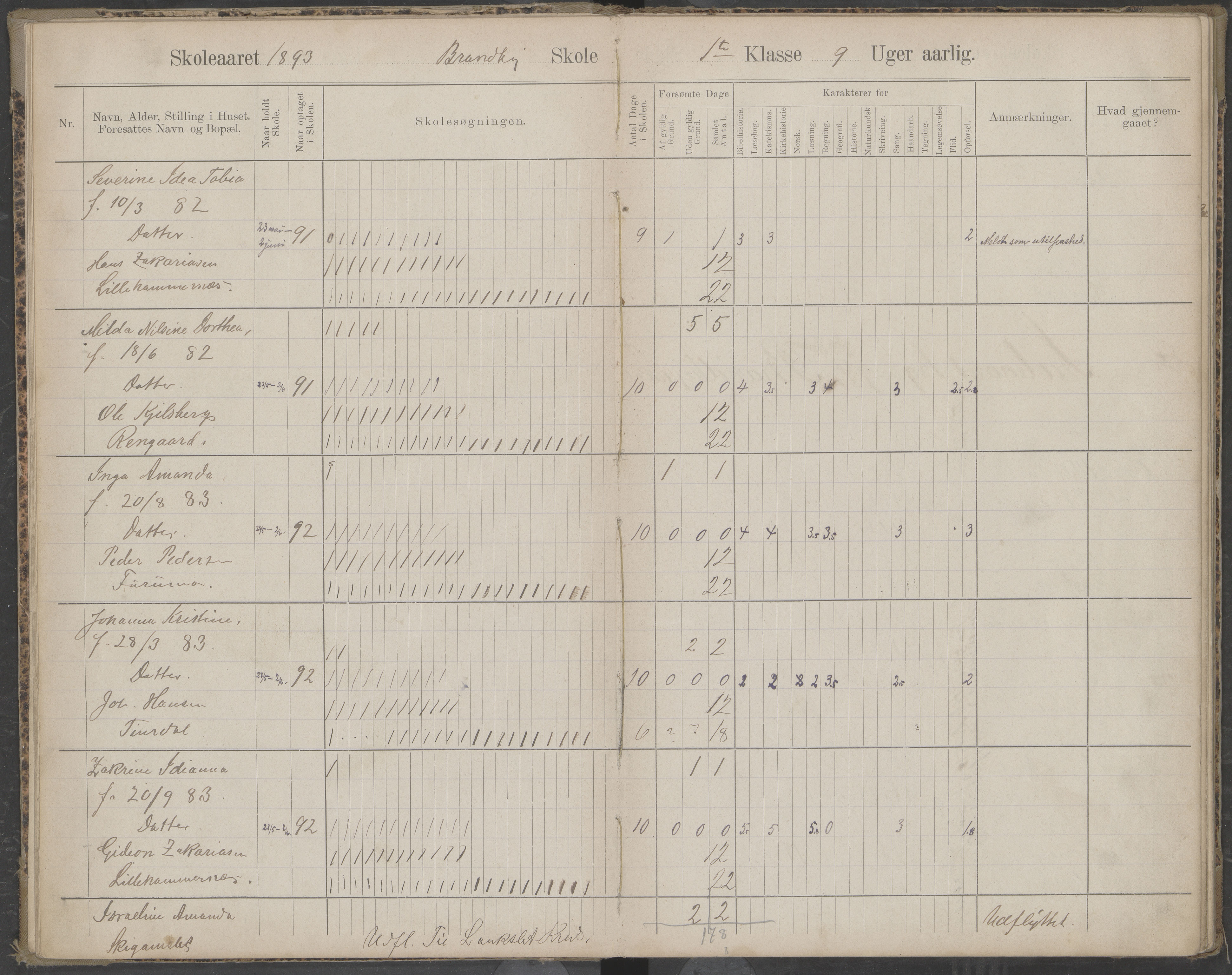 Beiarn kommune. Brandhei skolekrets, AIN/K-18390.510.03/442/L0003: Karakter/oversiktsprotokoll, 1893-1910