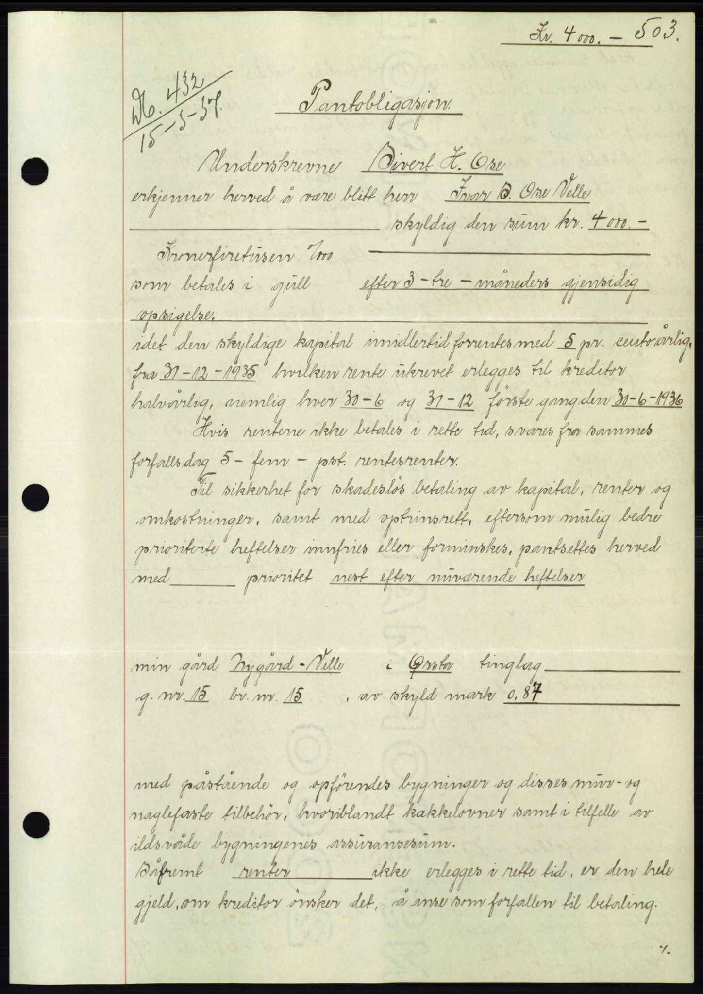 Søre Sunnmøre sorenskriveri, AV/SAT-A-4122/1/2/2C/L0062: Mortgage book no. 56, 1936-1937, Diary no: : 432/1937