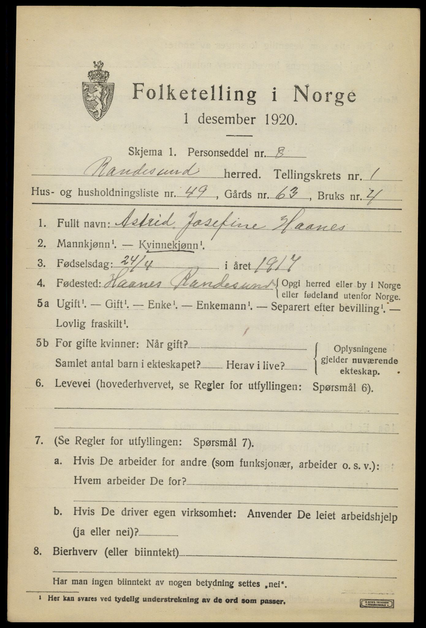 SAK, 1920 census for Randesund, 1920, p. 1074