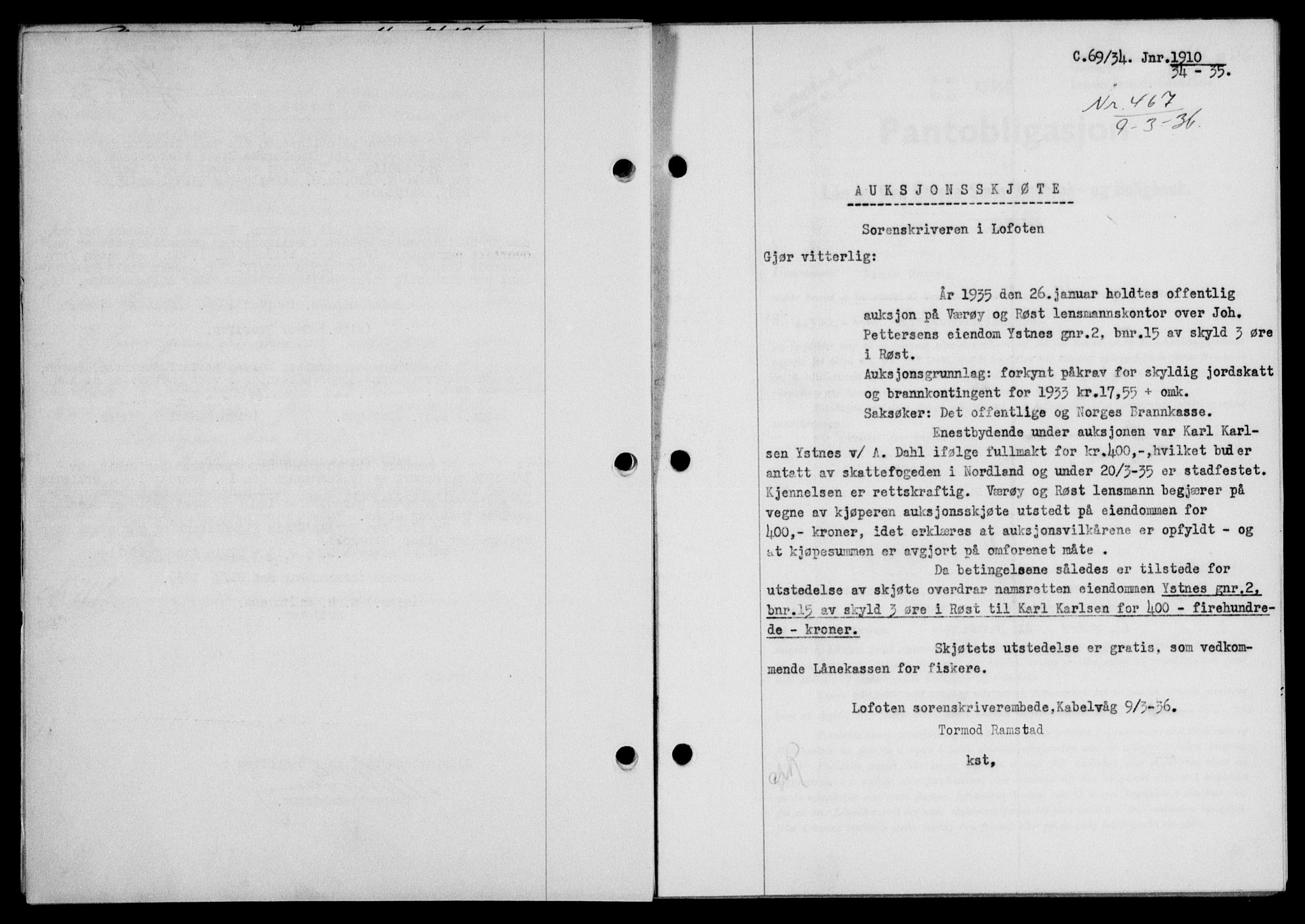 Lofoten sorenskriveri, SAT/A-0017/1/2/2C/L0033b: Mortgage book no. 33b, 1936-1936, Diary no: : 467/1936