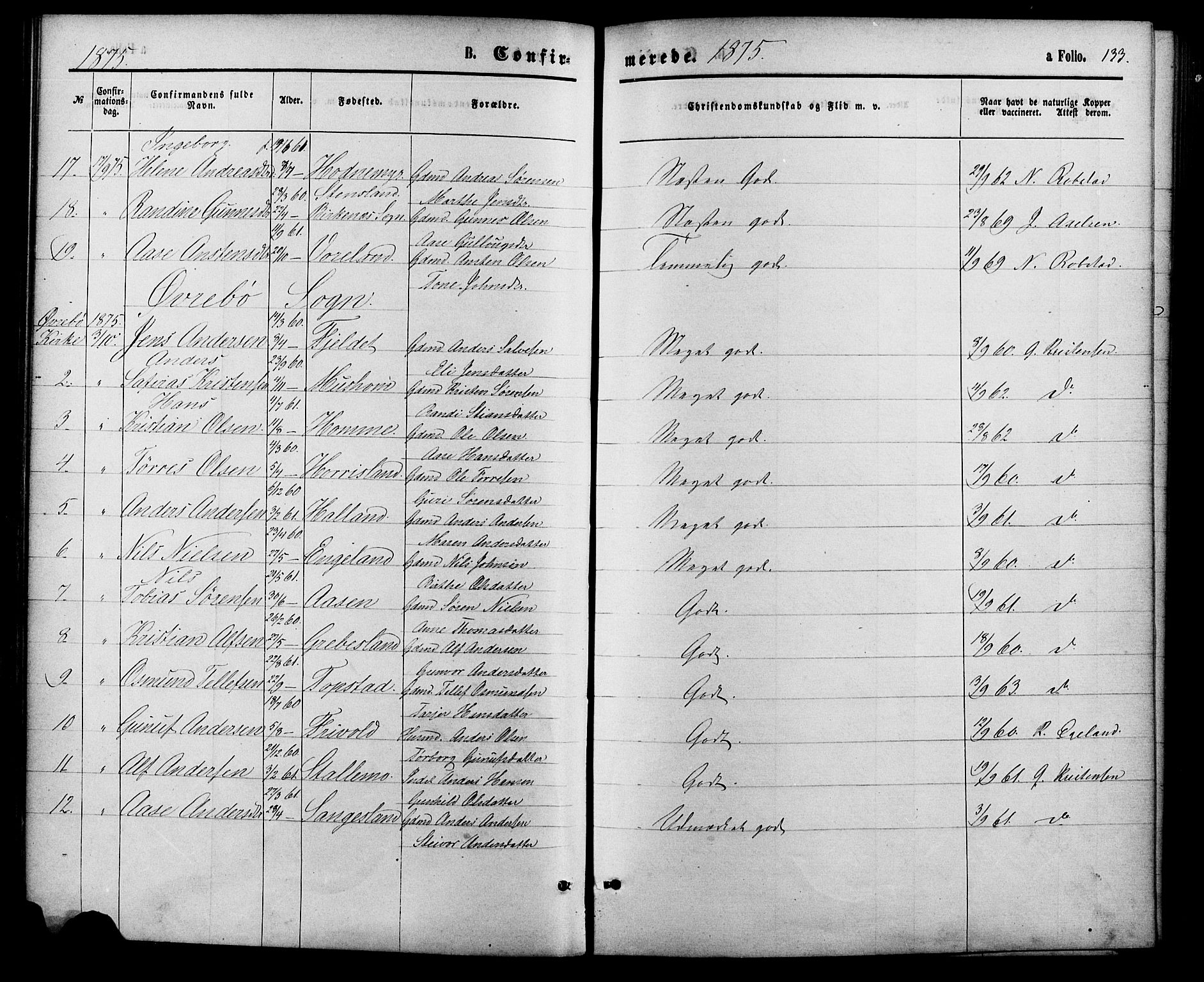 Vennesla sokneprestkontor, AV/SAK-1111-0045/Fa/Fac/L0008: Parish register (official) no. A 8, 1874-1883, p. 133