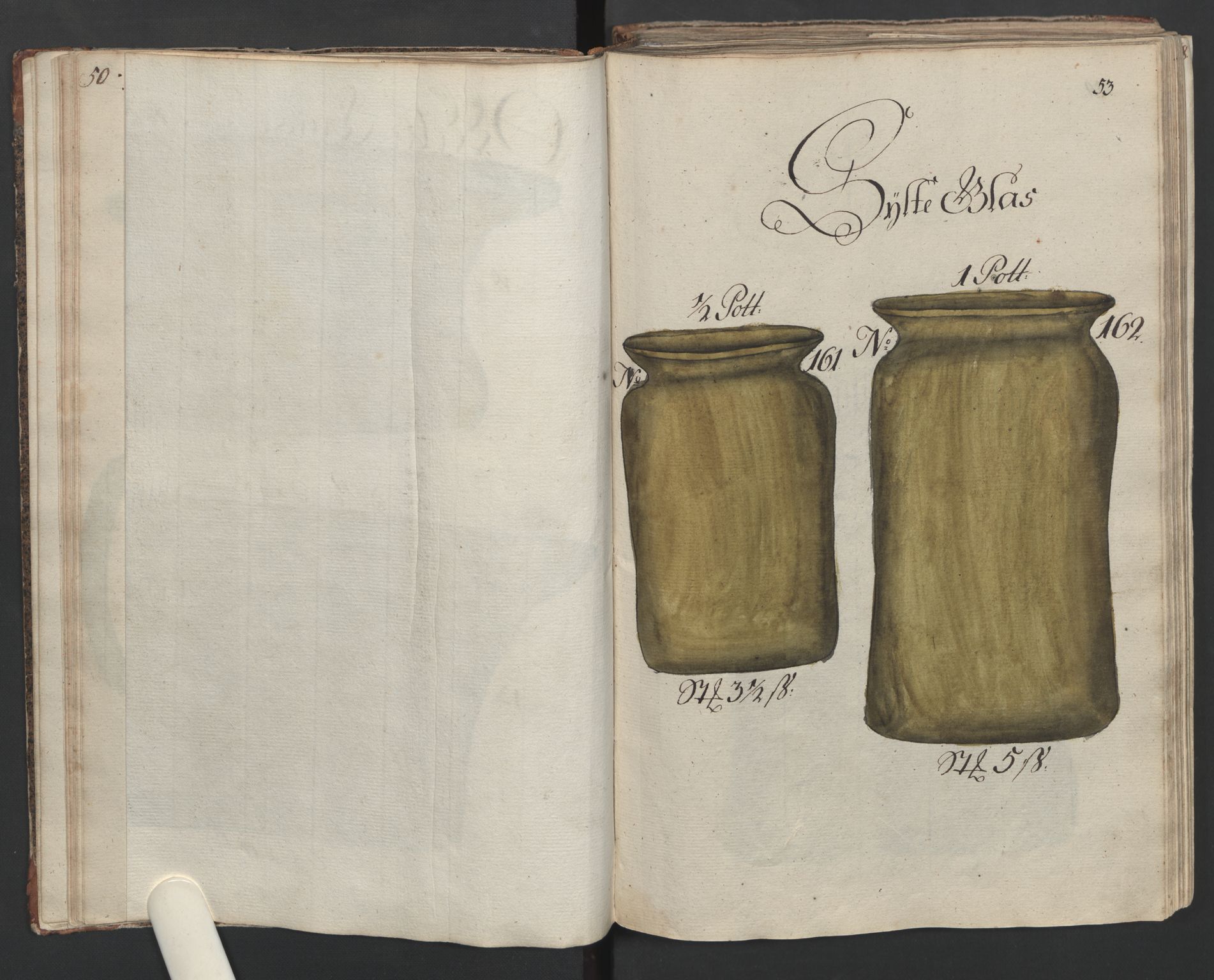 Glassverk, samlinger, AV/RA-PA-0001/F/Fa/L0036: Modellbok for Nøstetangens og Aas' produkter med prisangivelse,, 1763, p. 52-53