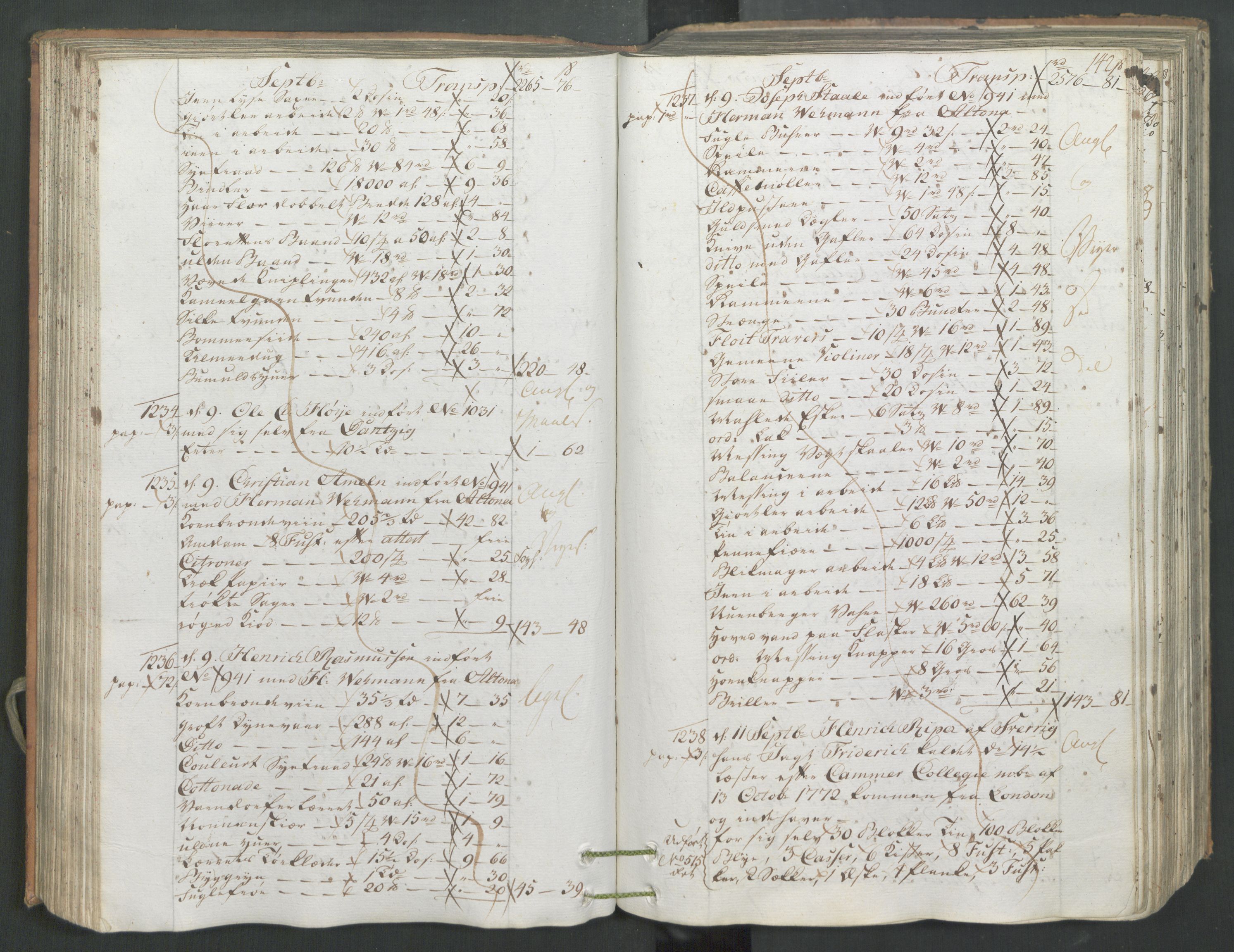 Generaltollkammeret, tollregnskaper, AV/RA-EA-5490/R26/L0222/0001: Tollregnskaper Bergen A / Inngående hovedtollbok, 1786, p. 141b-142a