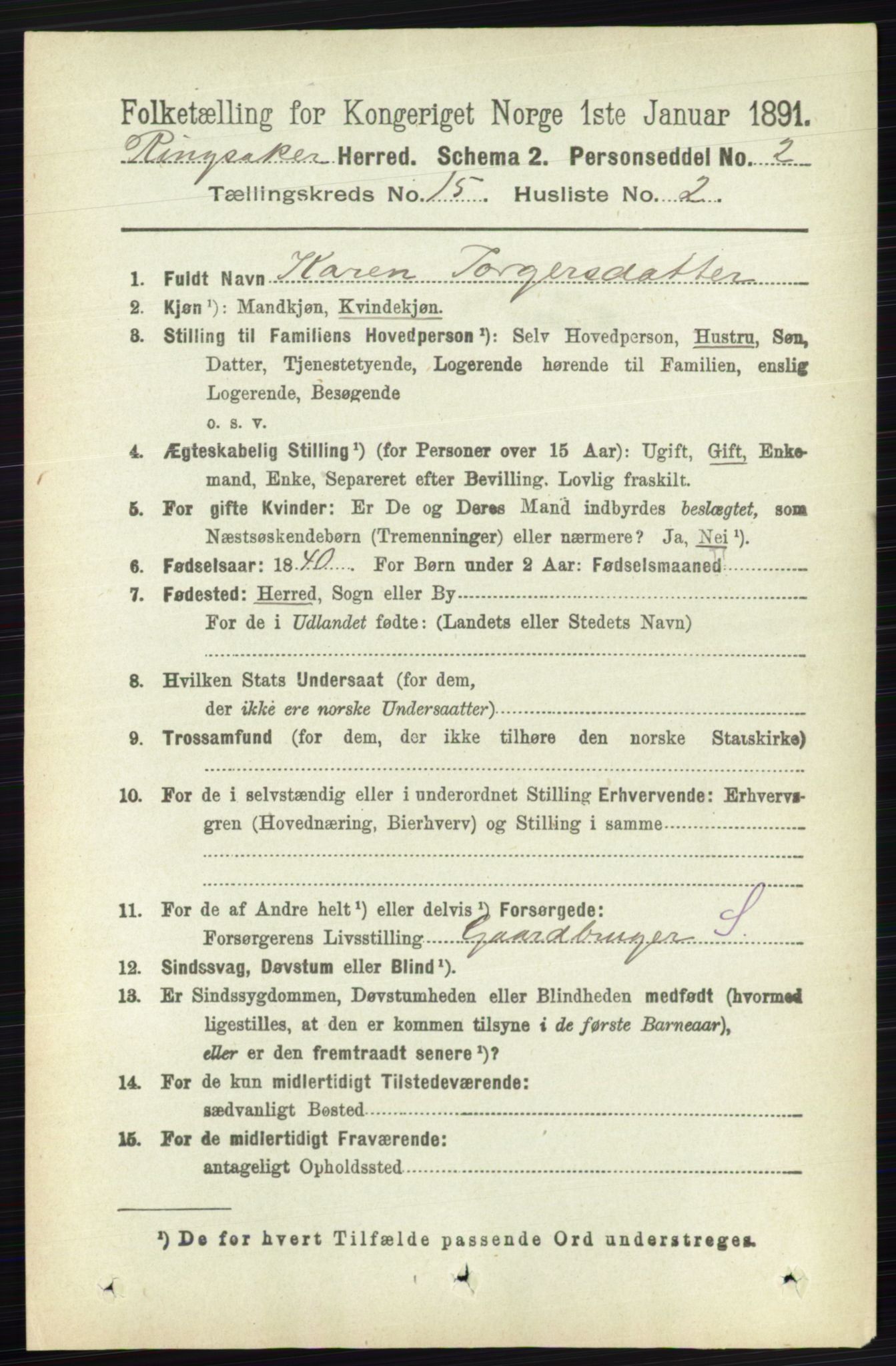 RA, 1891 census for 0412 Ringsaker, 1891, p. 8492