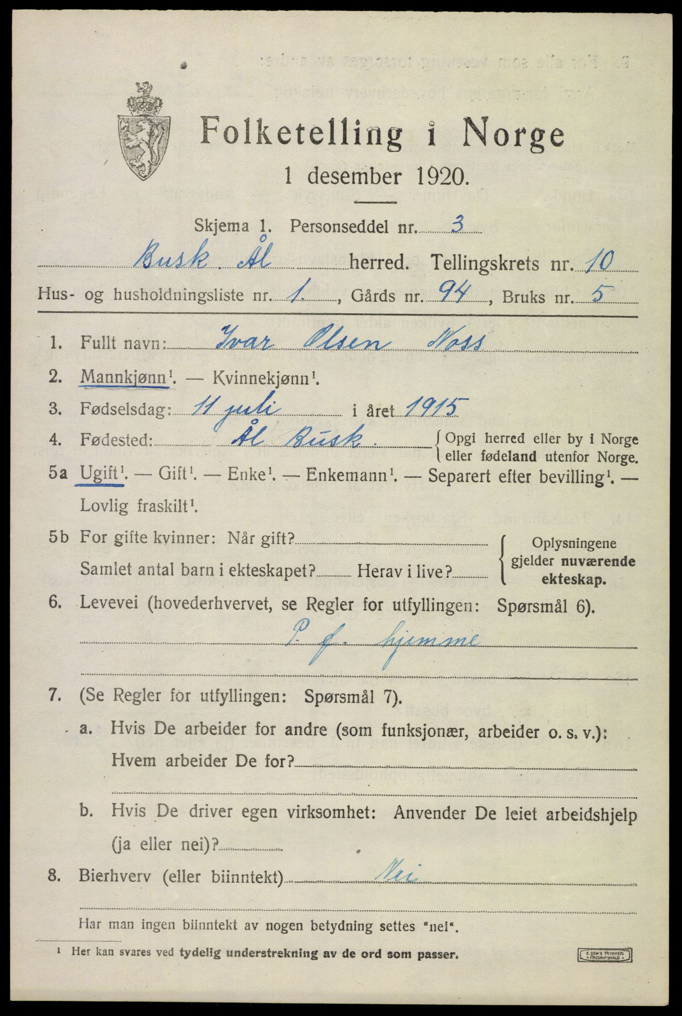 SAKO, 1920 census for Ål, 1920, p. 5950