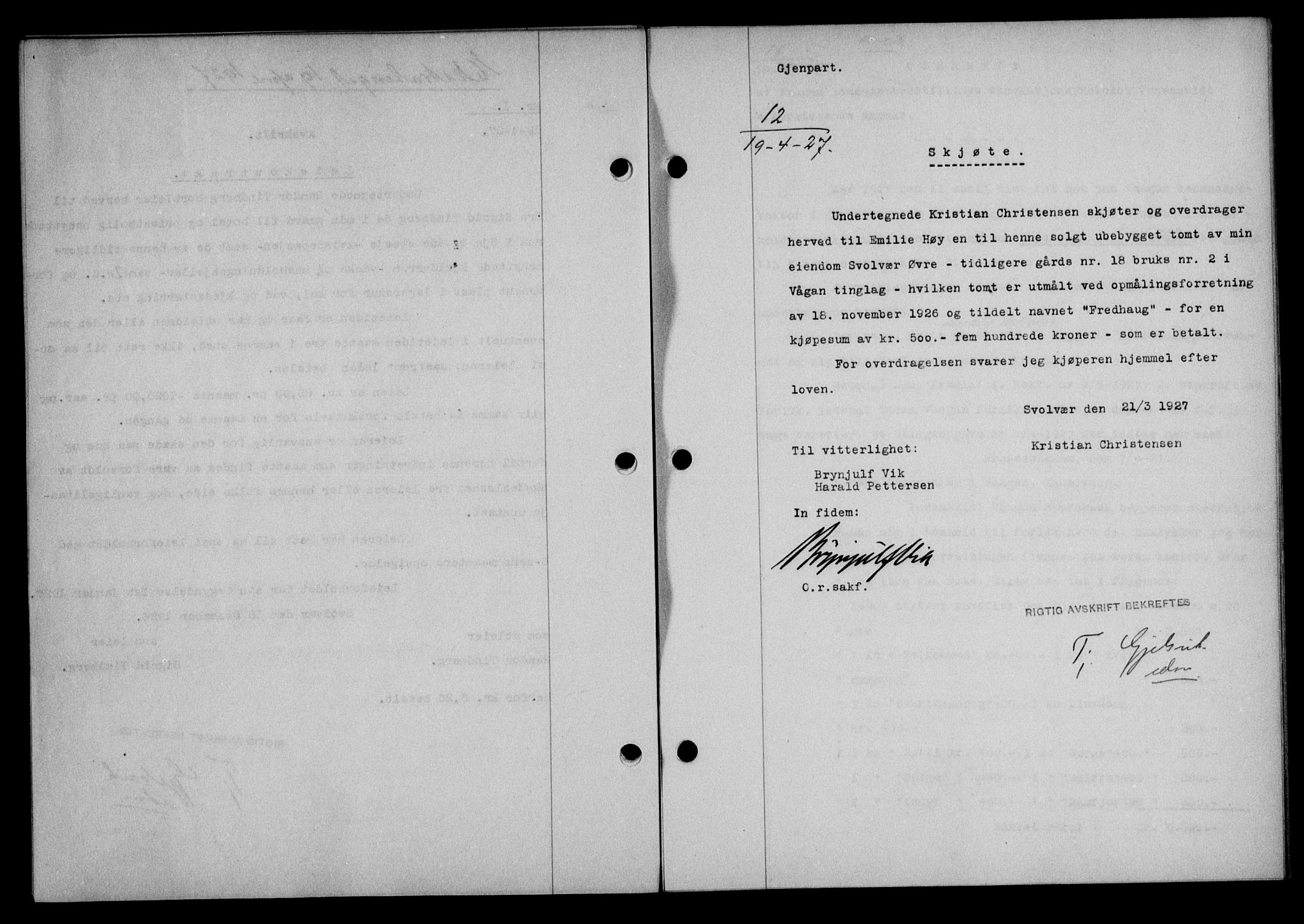 Lofoten sorenskriveri, SAT/A-0017/1/2/2C/L0015b: Mortgage book no. 15b, 1927-1927, Deed date: 19.04.1927