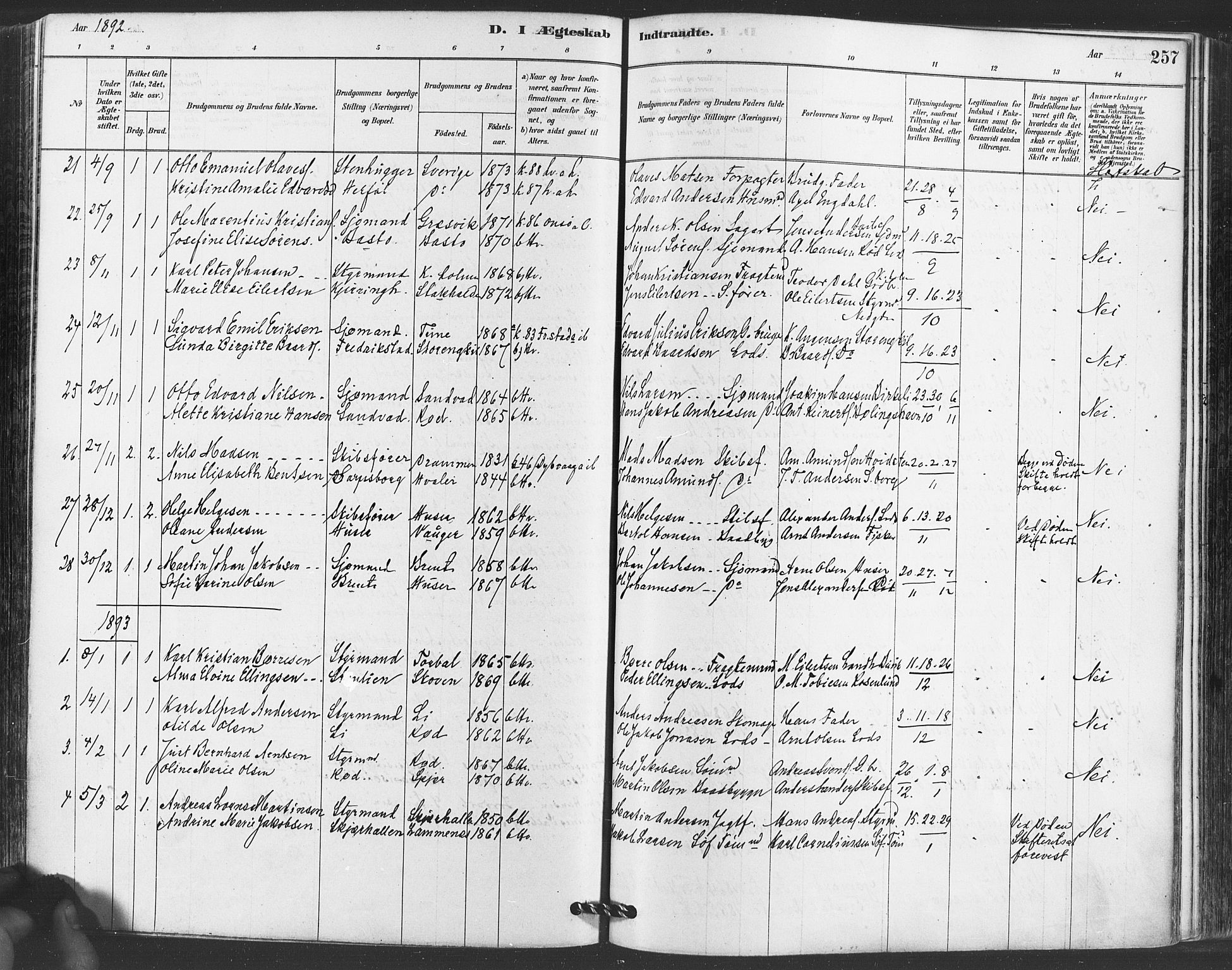 Hvaler prestekontor Kirkebøker, SAO/A-2001/F/Fa/L0008: Parish register (official) no. I 8, 1878-1895, p. 257
