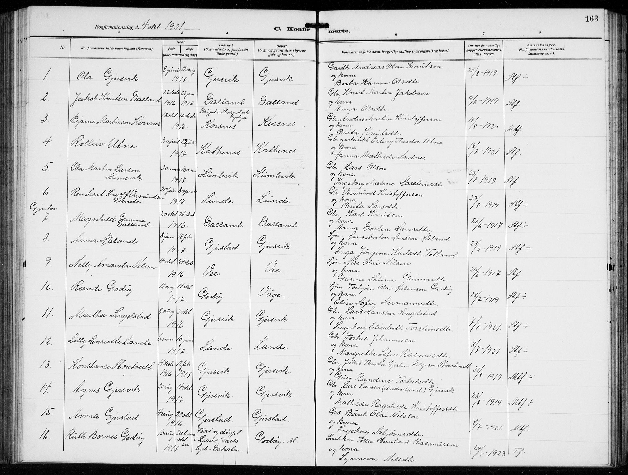 Tysnes sokneprestembete, AV/SAB-A-78601/H/Hab: Parish register (copy) no. B  3, 1918-1935, p. 163