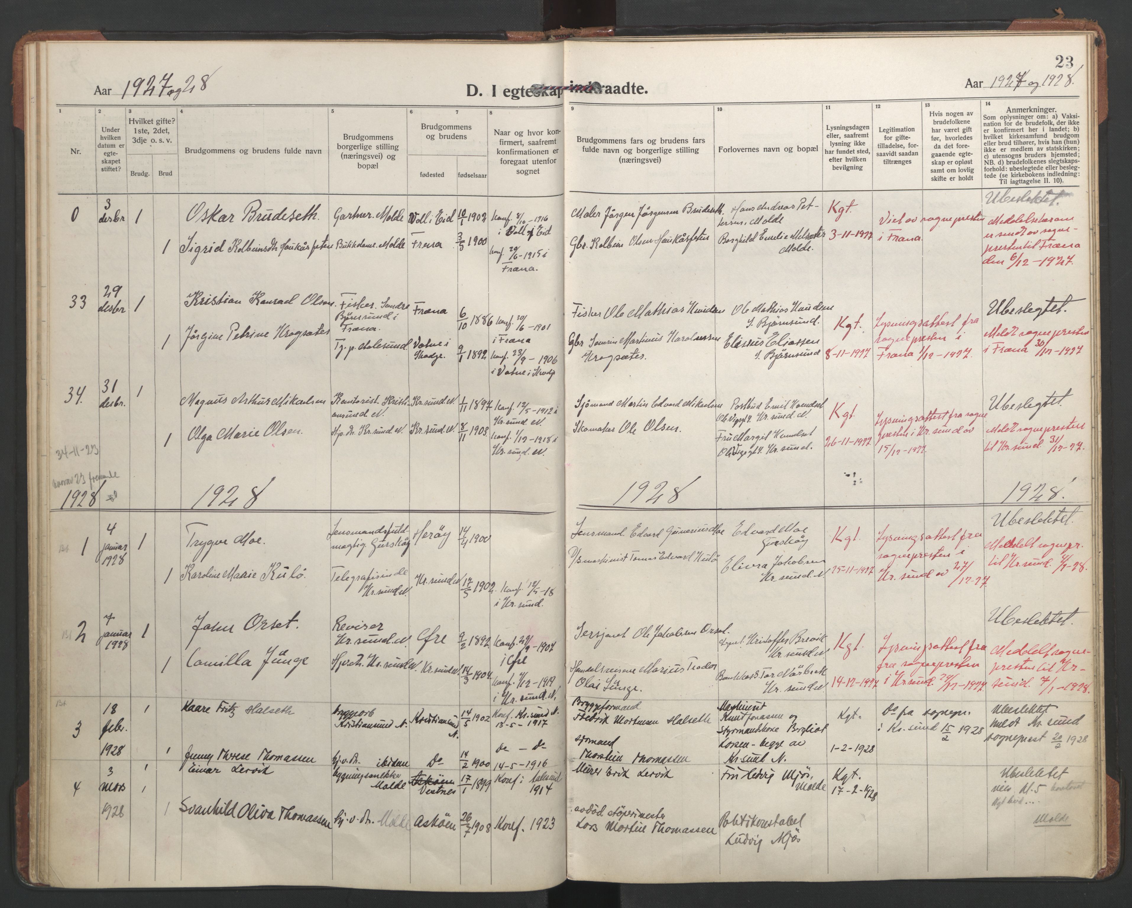 Ministerialprotokoller, klokkerbøker og fødselsregistre - Møre og Romsdal, AV/SAT-A-1454/558/L0698: Parish register (official) no. 558A12, 1922-1937, p. 23