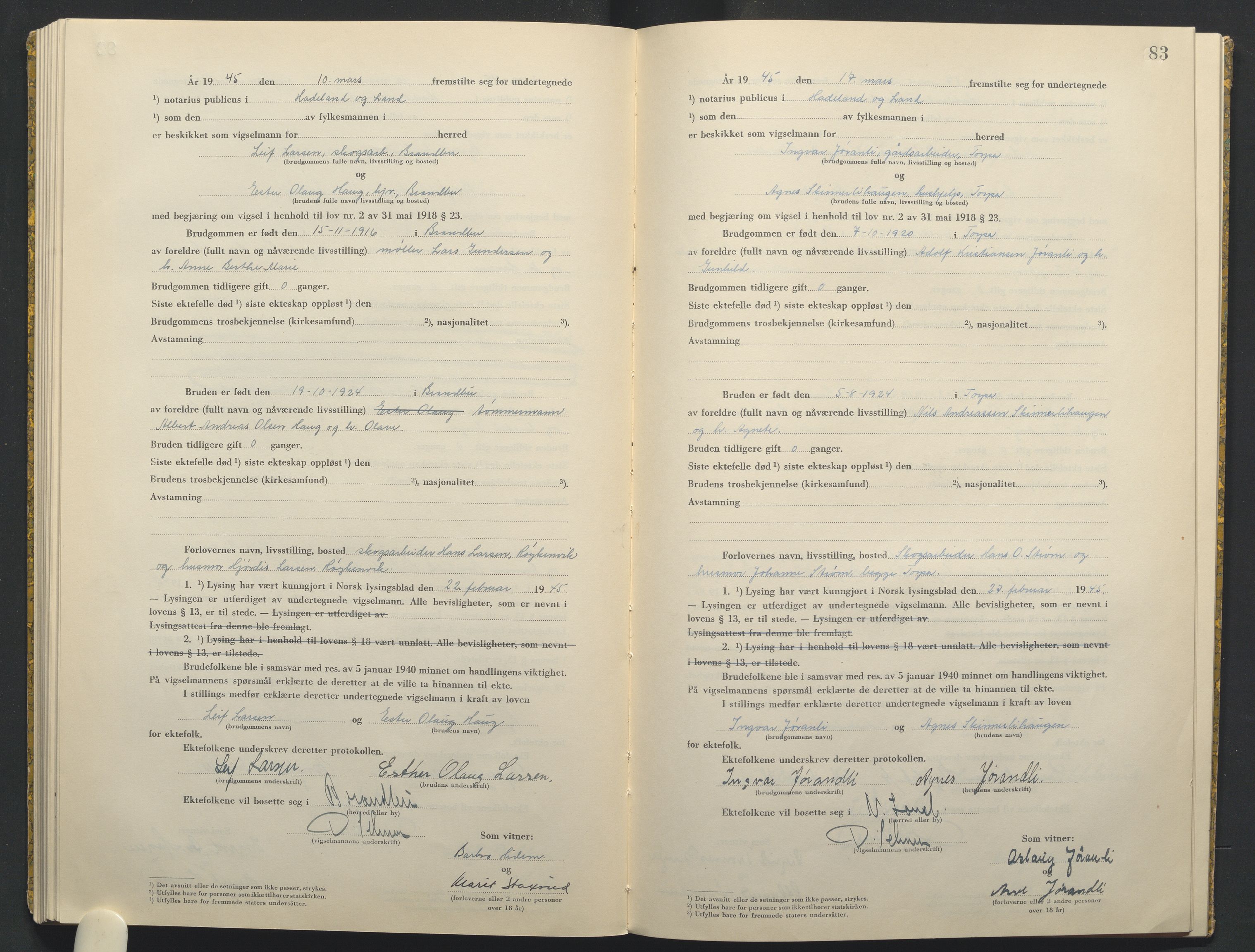 Hadeland og Land tingrett, AV/SAH-TING-010/L/Lb/L0003: Vigselbok, 1944-1946, p. 83
