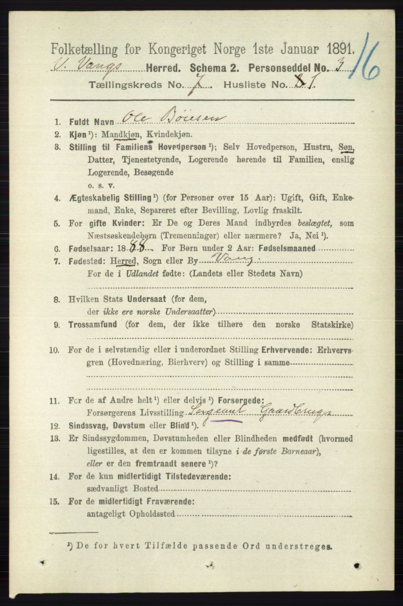 RA, 1891 census for 0545 Vang, 1891, p. 1419