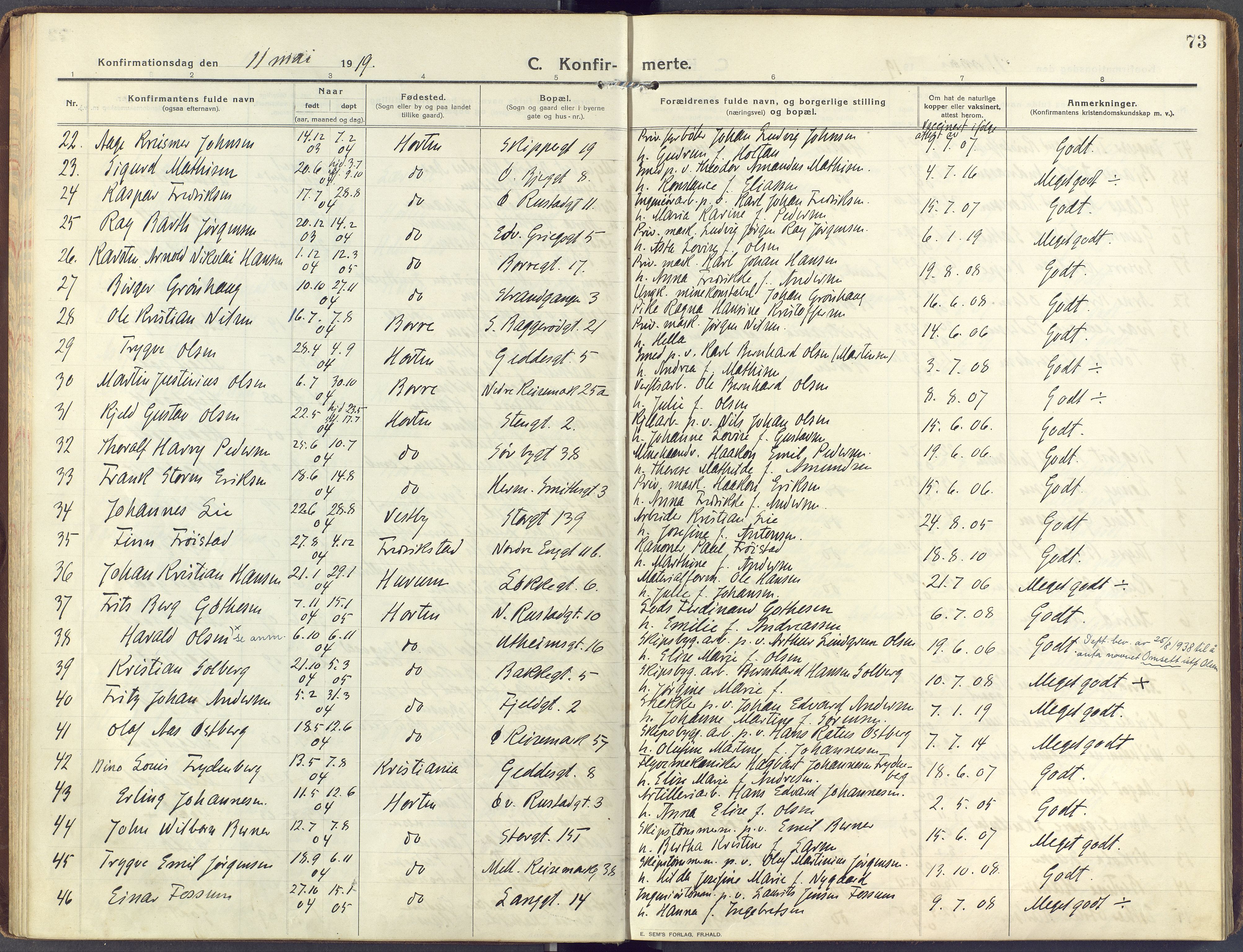 Horten kirkebøker, AV/SAKO-A-348/F/Fa/L0010: Parish register (official) no. 10, 1913-1925, p. 73