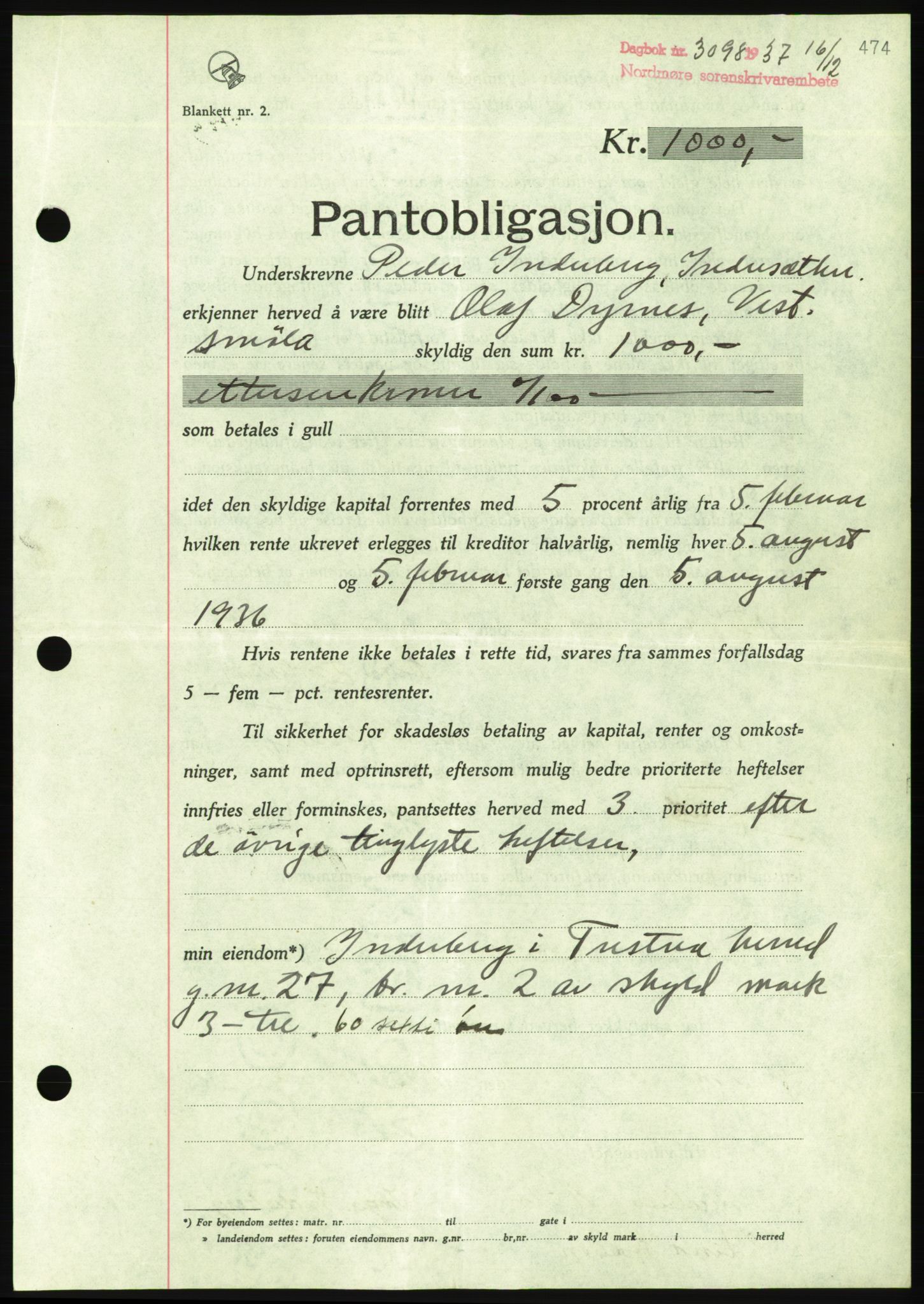 Nordmøre sorenskriveri, AV/SAT-A-4132/1/2/2Ca/L0092: Mortgage book no. B82, 1937-1938, Diary no: : 3098/1937