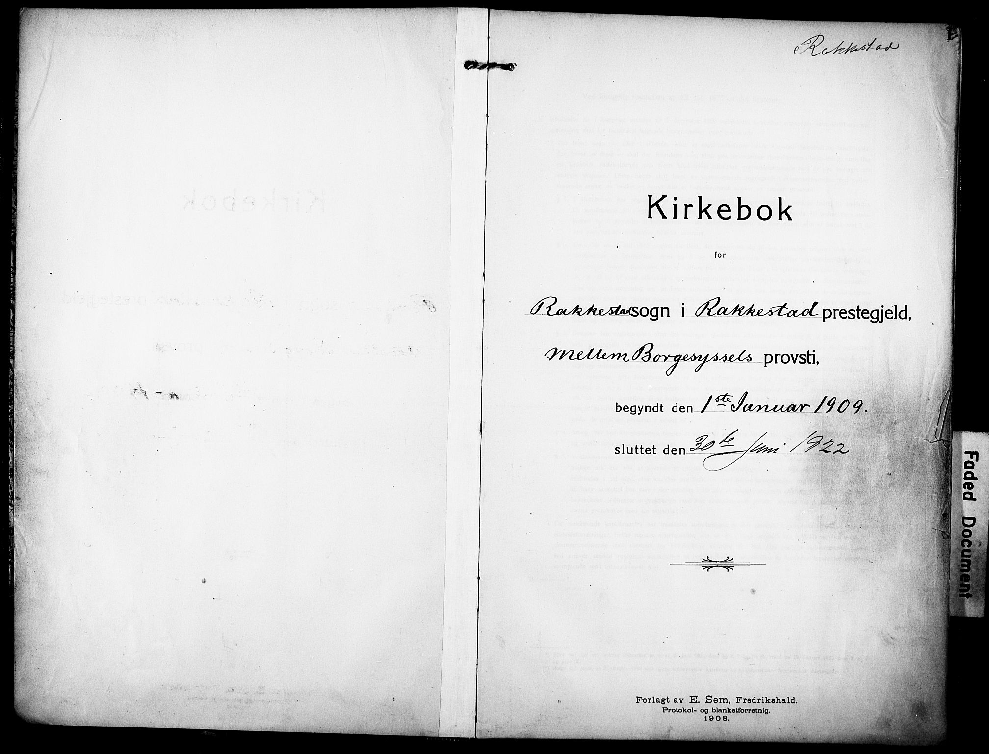 Rakkestad prestekontor Kirkebøker, SAO/A-2008/F/Fa/L0015: Parish register (official) no. I 15, 1909-1922, p. 1