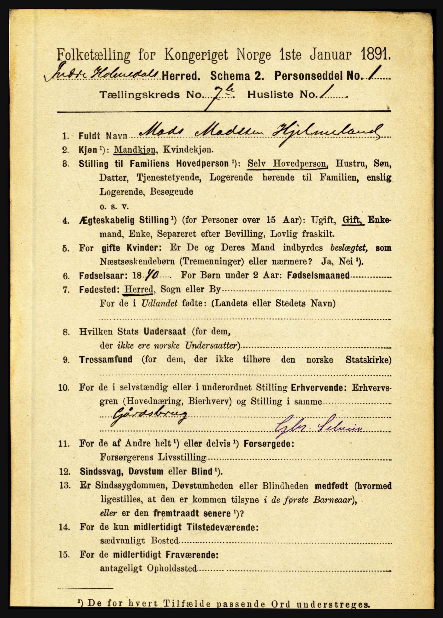 RA, 1891 census for 1430 Indre Holmedal, 1891, p. 3032