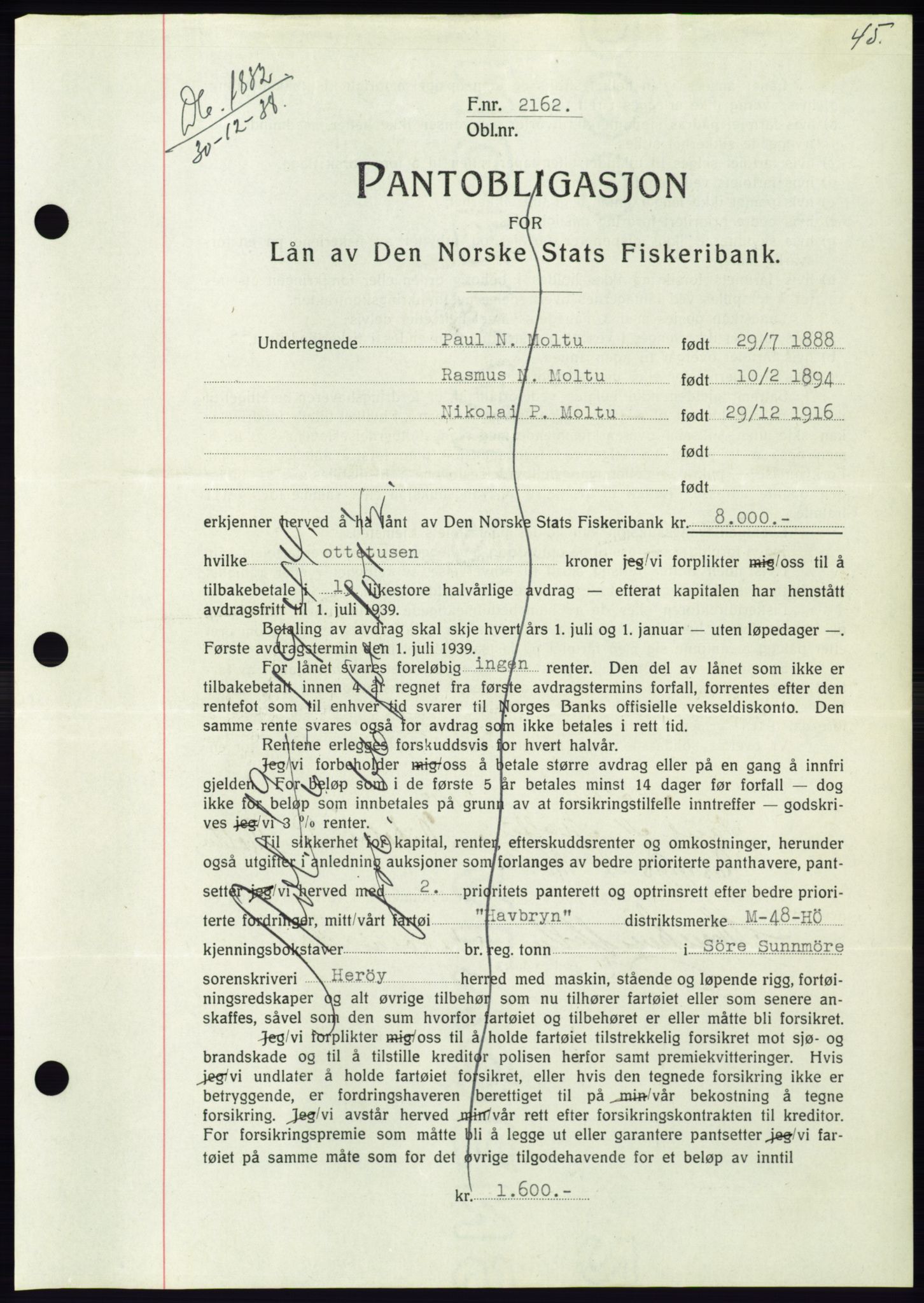 Søre Sunnmøre sorenskriveri, AV/SAT-A-4122/1/2/2C/L0067: Mortgage book no. 61, 1938-1939, Diary no: : 1832/1938