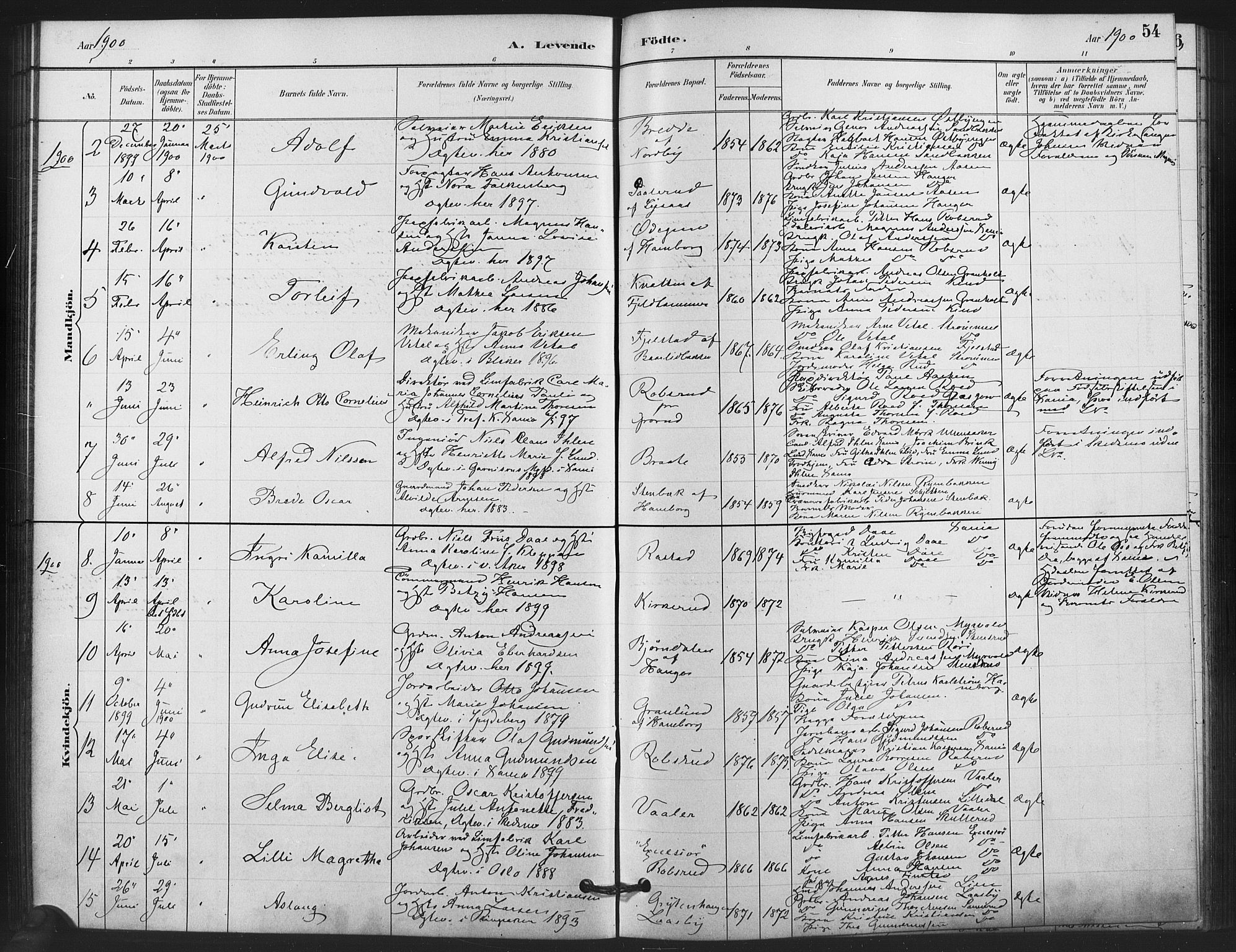 Skedsmo prestekontor Kirkebøker, AV/SAO-A-10033a/F/Fb/L0001: Parish register (official) no. II 1, 1883-1901, p. 54