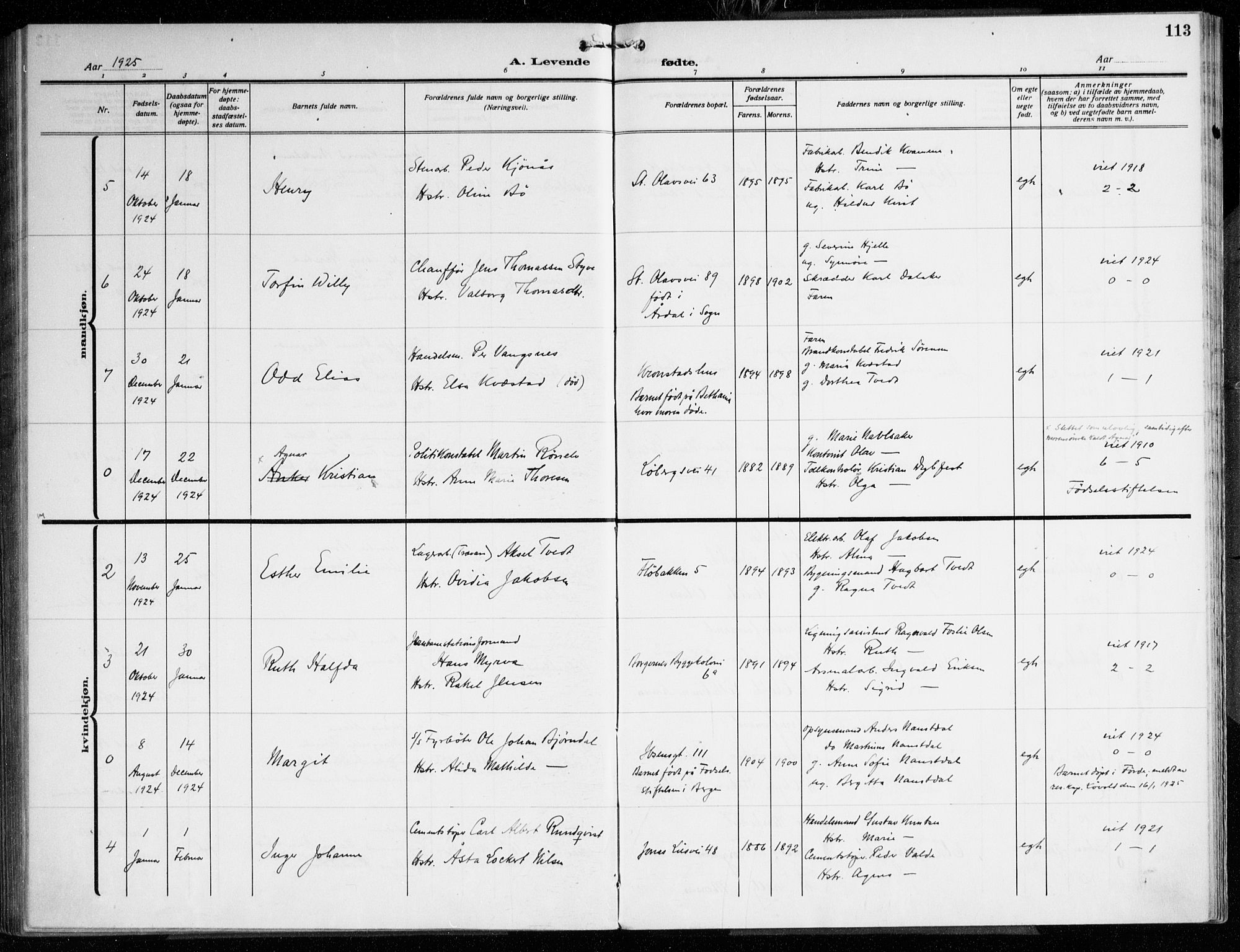 Årstad Sokneprestembete, AV/SAB-A-79301/H/Haa/L0005: Parish register (official) no. A 5, 1923-1925, p. 113