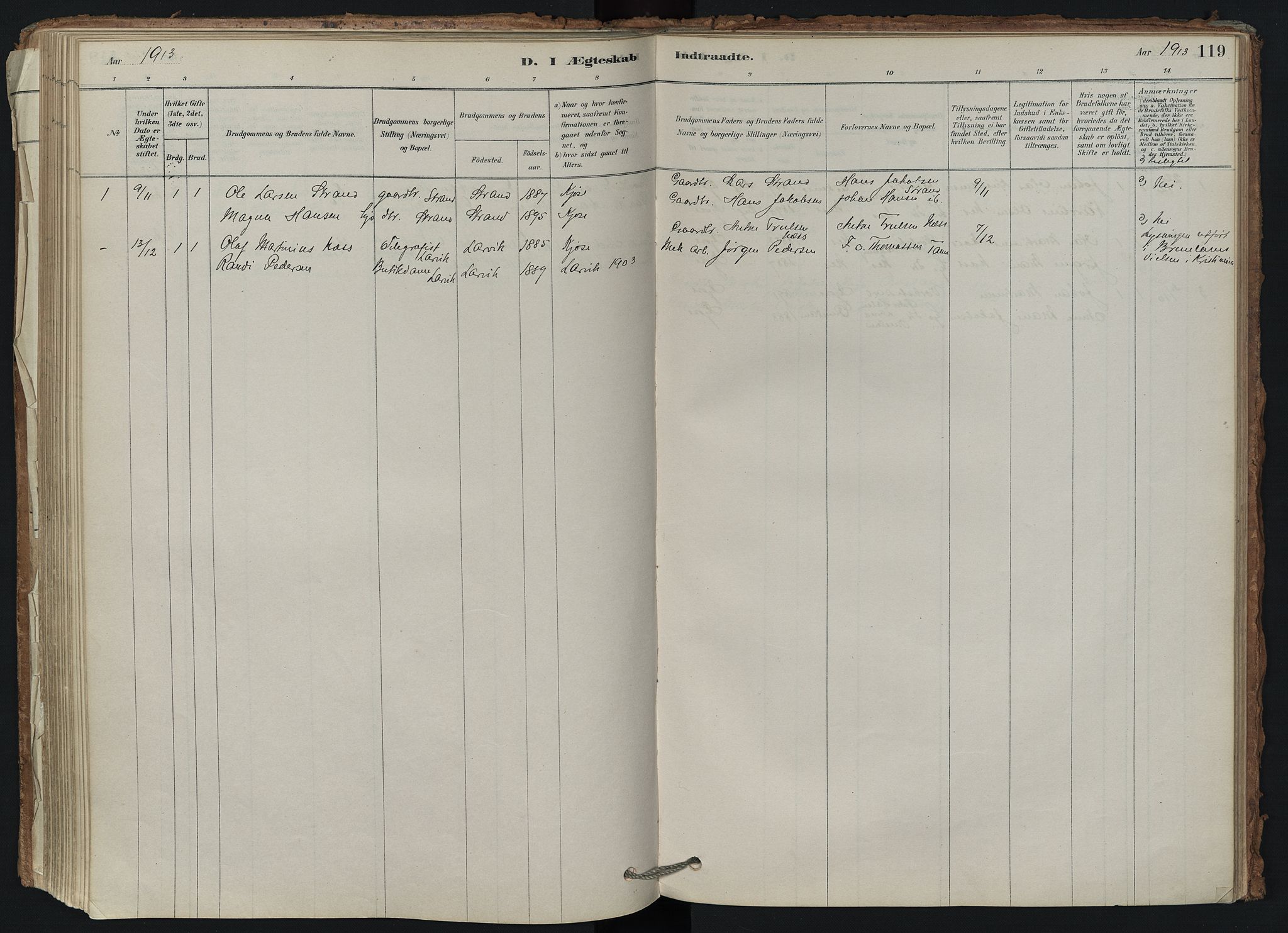 Brunlanes kirkebøker, AV/SAKO-A-342/F/Fd/L0001: Parish register (official) no. IV 1, 1878-1917, p. 119