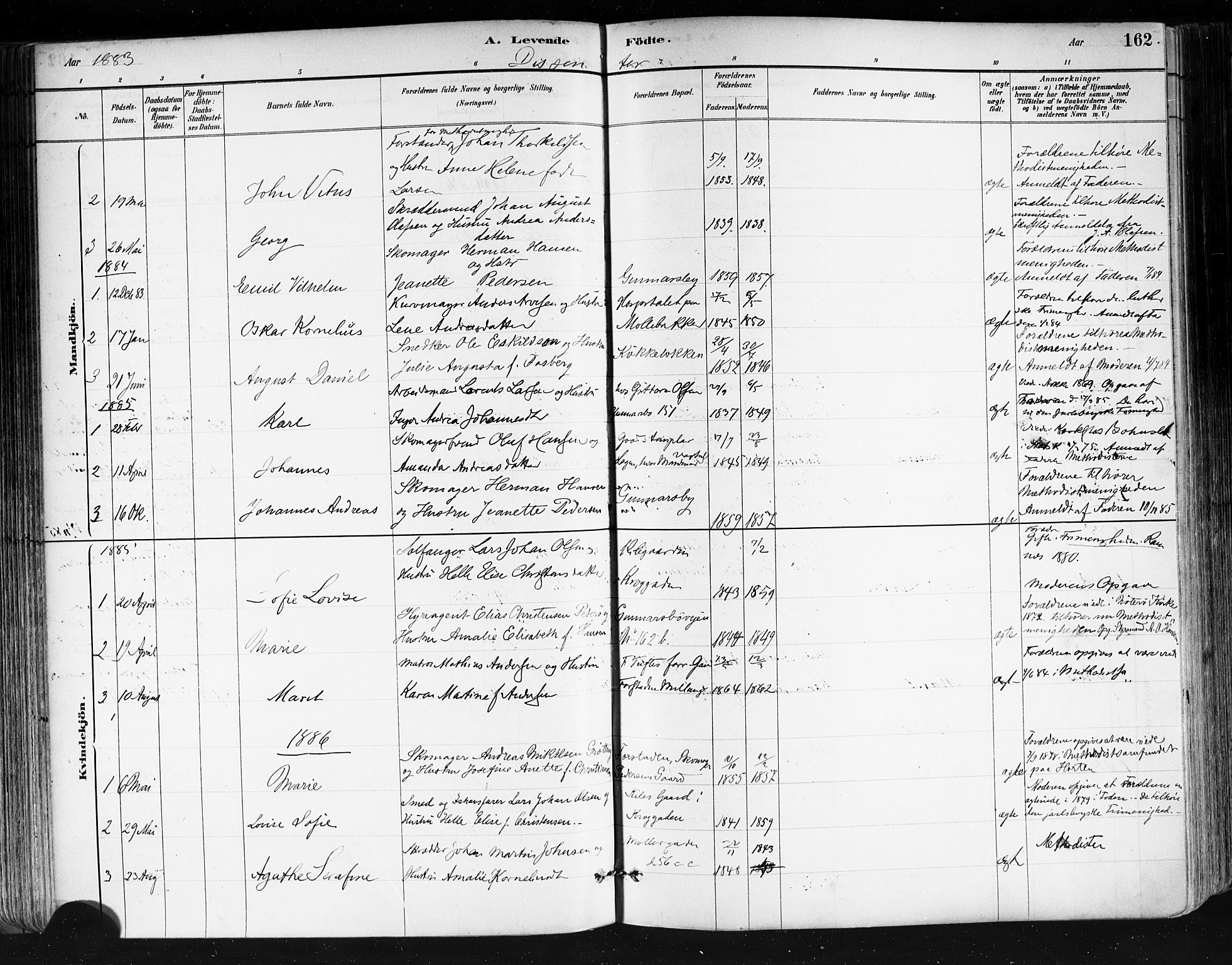Tønsberg kirkebøker, SAKO/A-330/F/Fa/L0011: Parish register (official) no. I 11, 1881-1890, p. 162