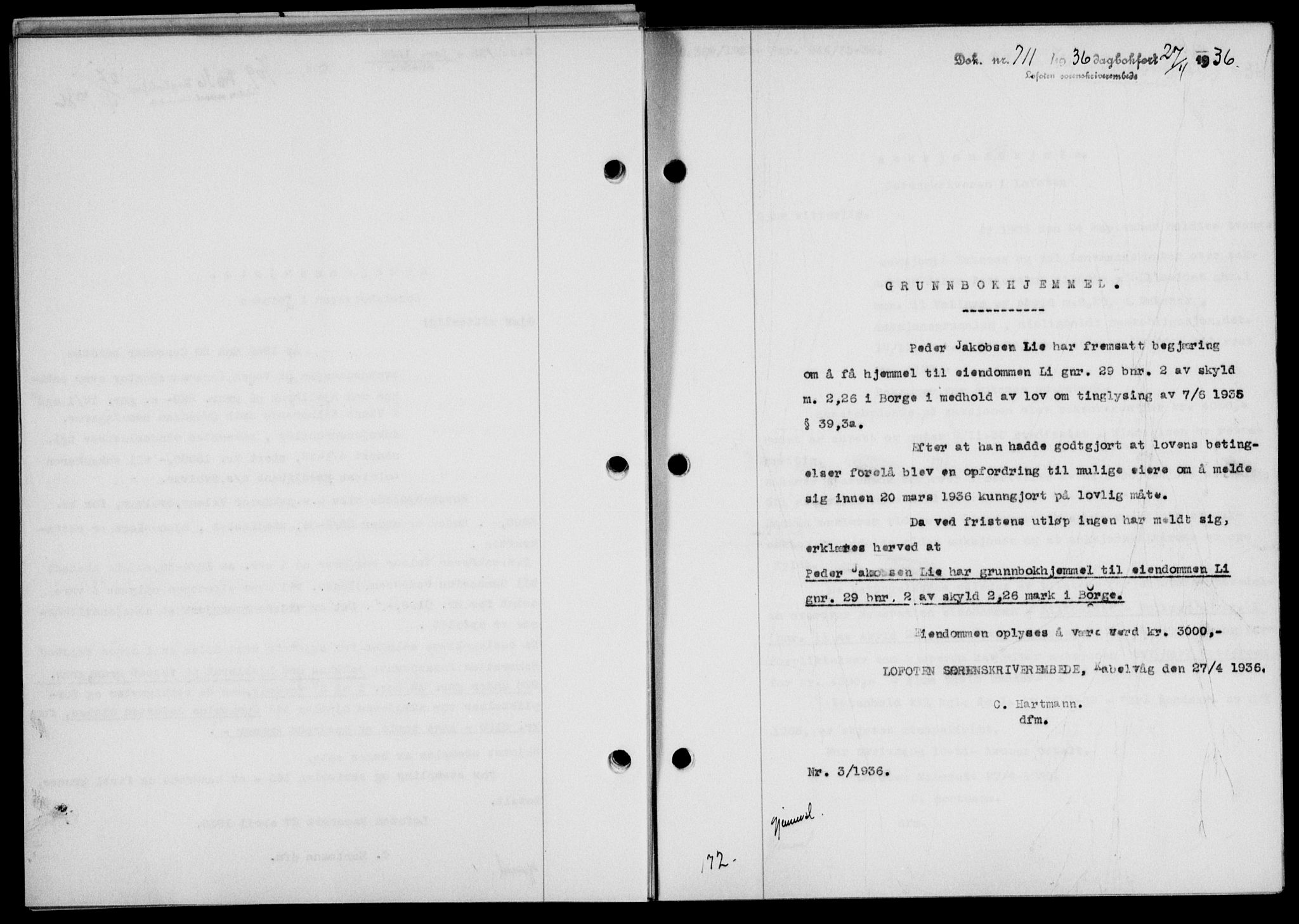 Lofoten sorenskriveri, SAT/A-0017/1/2/2C/L0033b: Mortgage book no. 33b, 1936-1936, Diary no: : 711/1936