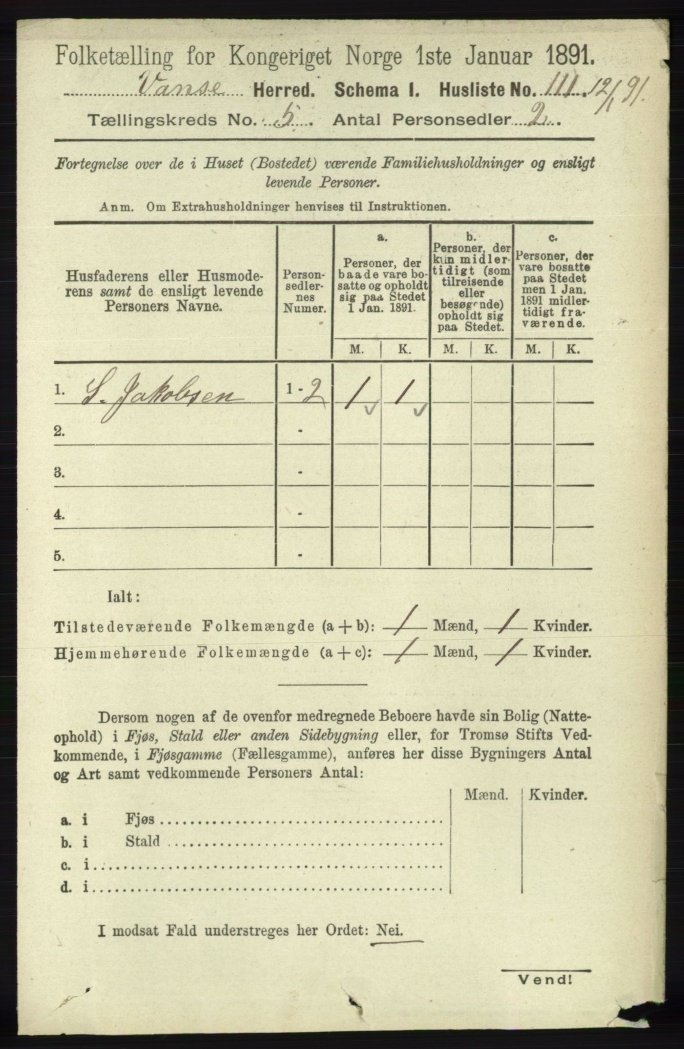 RA, 1891 census for 1041 Vanse, 1891, p. 2792