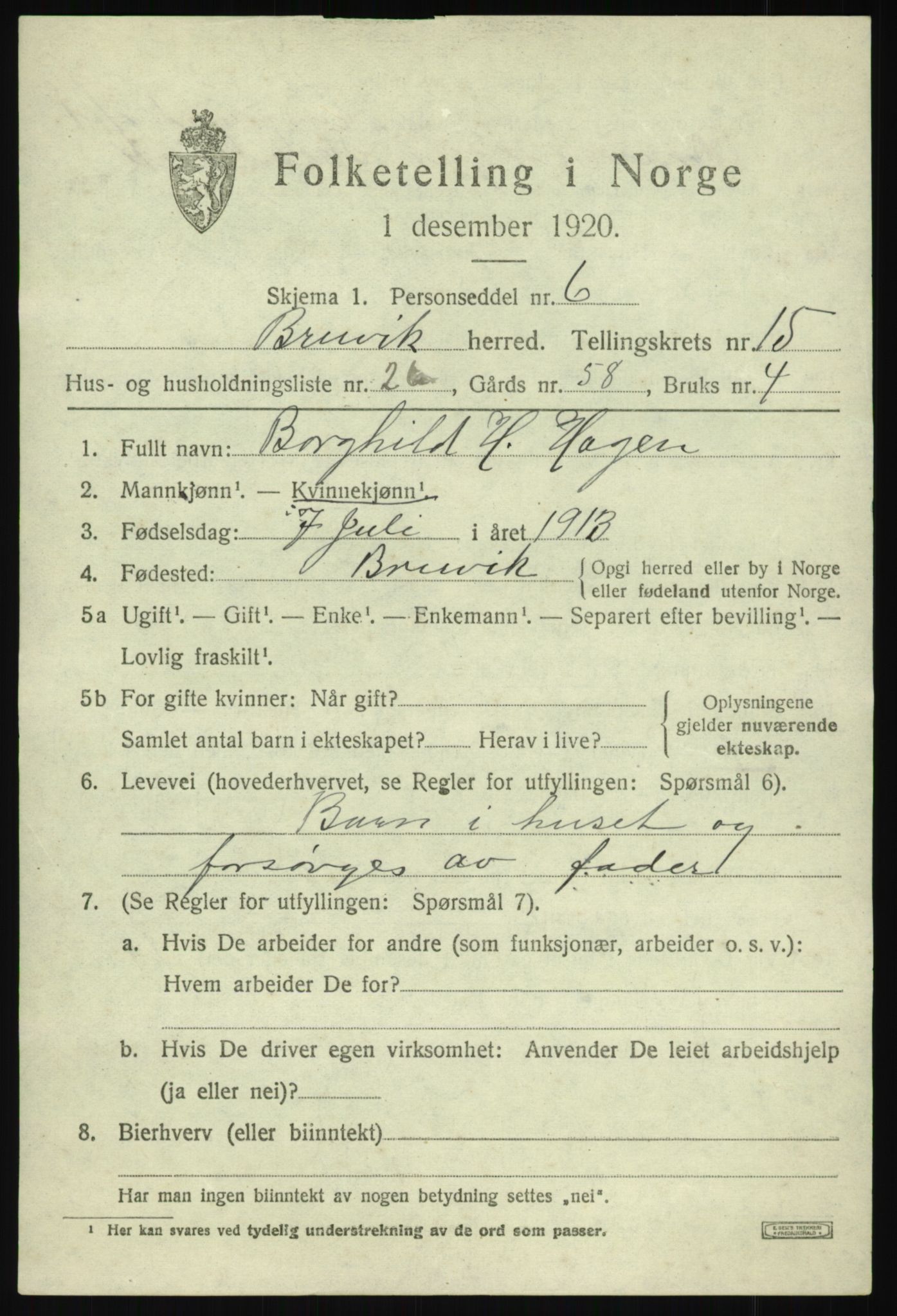 SAB, 1920 census for Bruvik, 1920, p. 9536