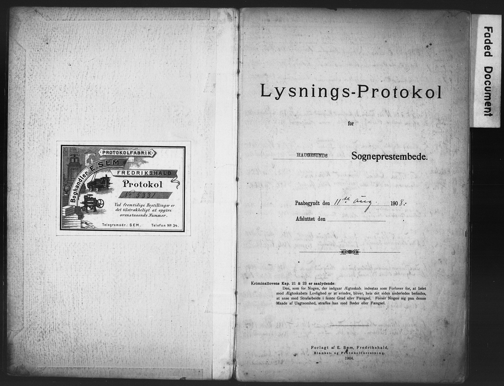 Haugesund sokneprestkontor, SAST/A -101863/I/Ie/L0002: Banns register no. VIII 2, 1908-1916