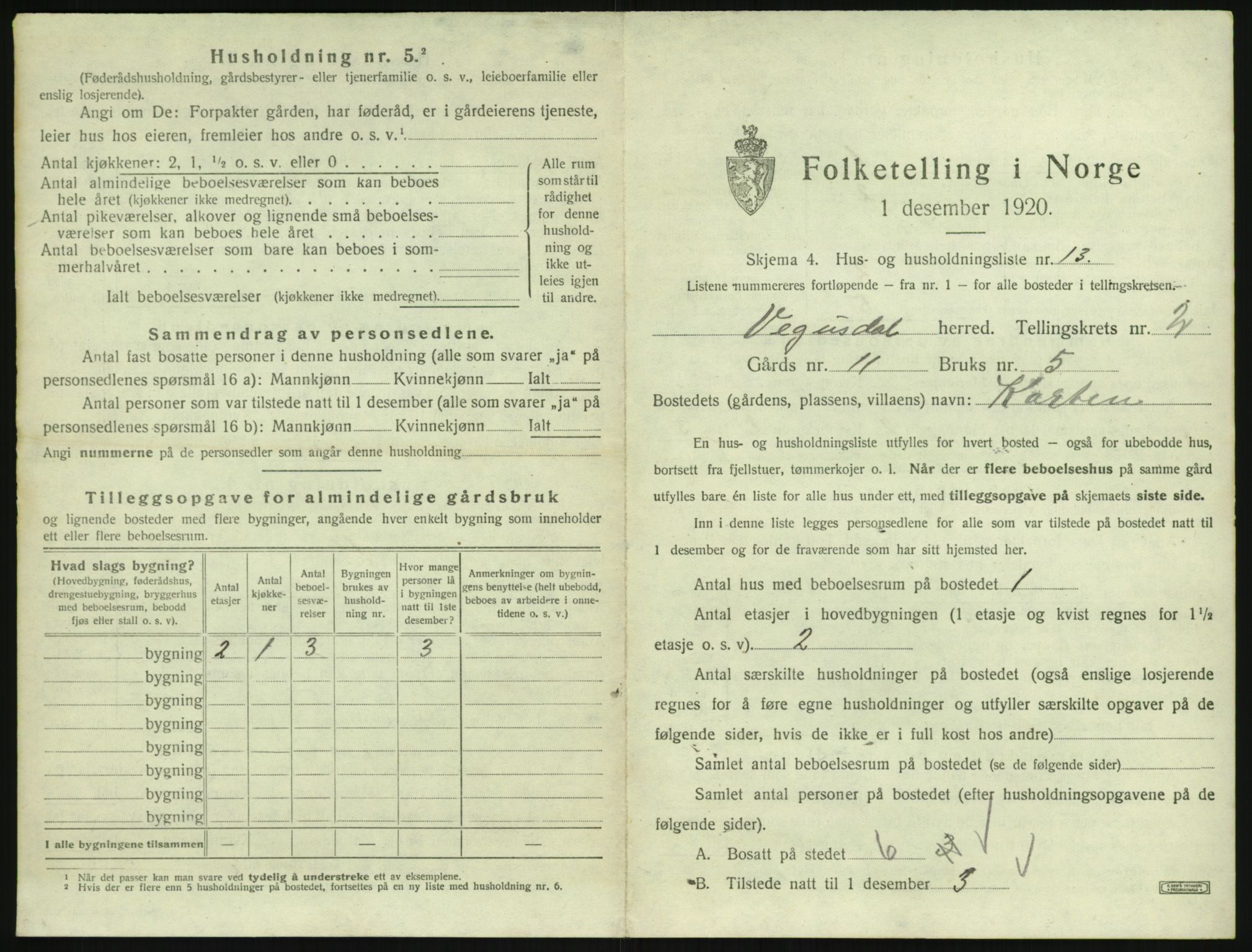 SAK, 1920 census for Vegusdal, 1920, p. 113