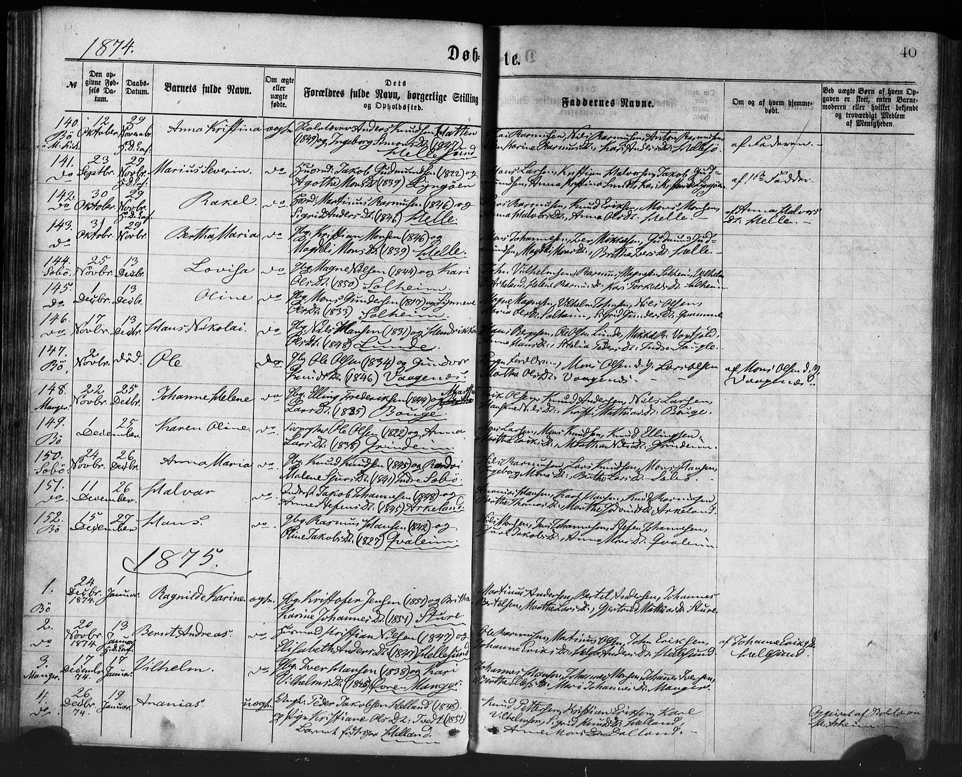 Manger sokneprestembete, SAB/A-76801/H/Haa: Parish register (official) no. A 8, 1871-1880, p. 40