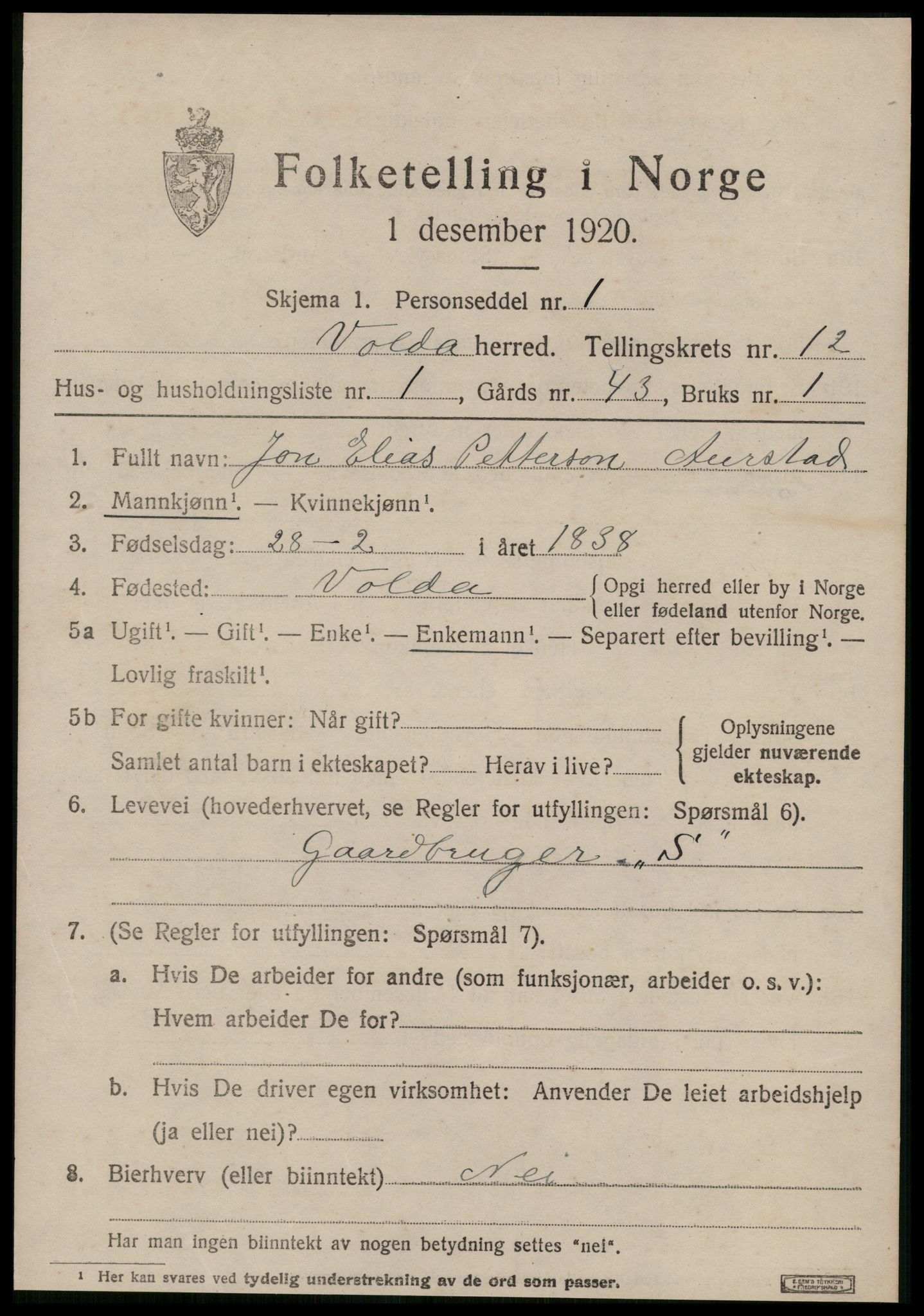 SAT, 1920 census for Volda, 1920, p. 8284