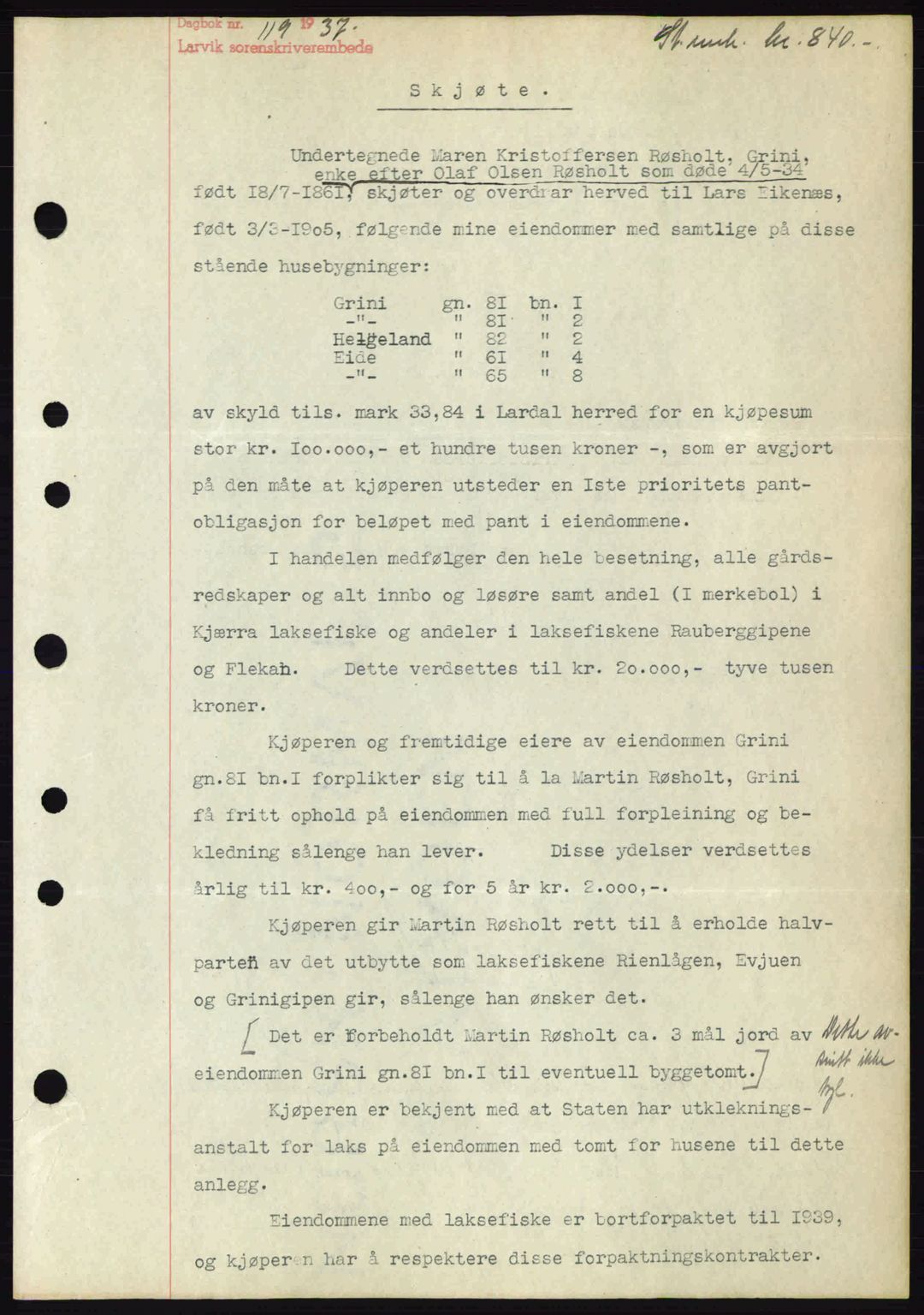 Larvik sorenskriveri, SAKO/A-83/G/Ga/Gab/L0067: Mortgage book no. A-1, 1936-1937, Diary no: : 119/1937