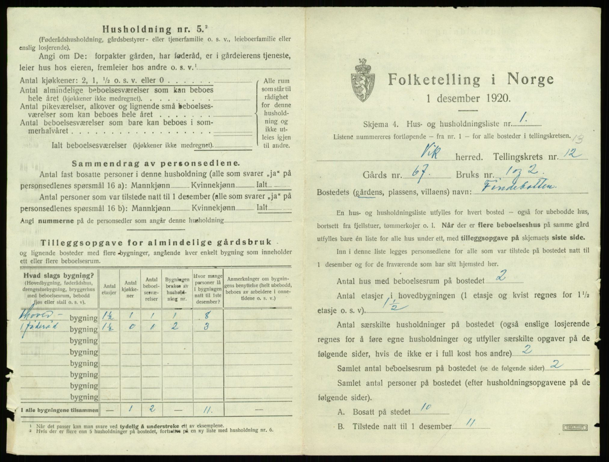 SAB, 1920 census for Vik, 1920, p. 1087