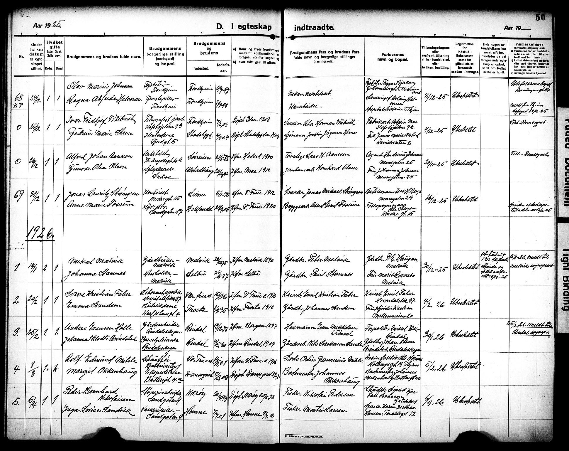 Ministerialprotokoller, klokkerbøker og fødselsregistre - Sør-Trøndelag, AV/SAT-A-1456/602/L0149: Parish register (copy) no. 602C17, 1919-1932, p. 50