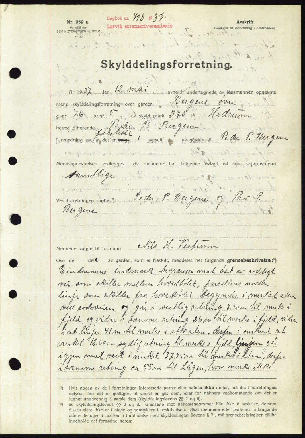 Larvik sorenskriveri, SAKO/A-83/G/Ga/Gab/L0067: Mortgage book no. A-1, 1936-1937, Diary no: : 718/1937