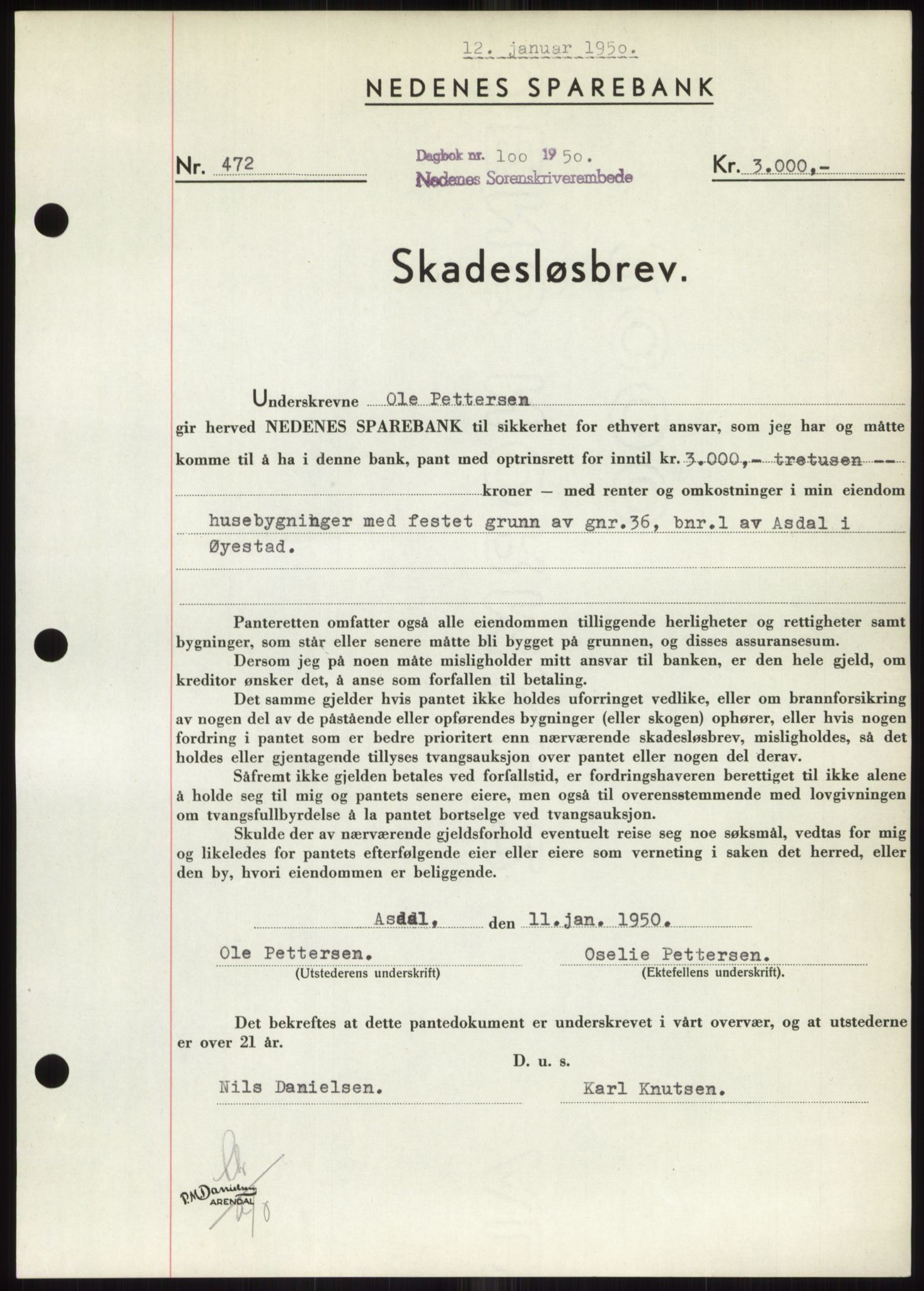 Nedenes sorenskriveri, AV/SAK-1221-0006/G/Gb/Gbb/L0007: Mortgage book no. B7, 1949-1950, Diary no: : 100/1950