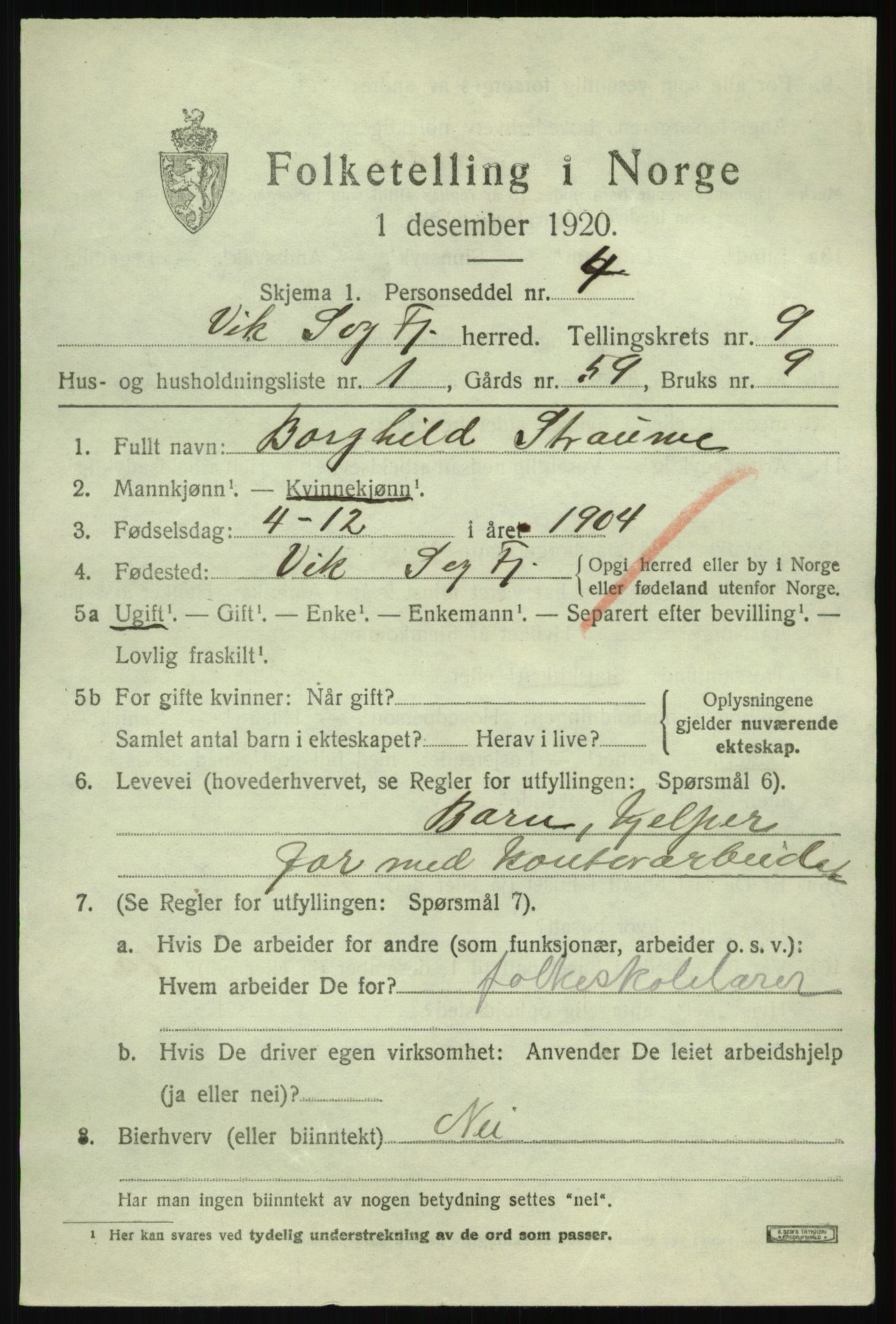 SAB, 1920 census for Vik, 1920, p. 5523